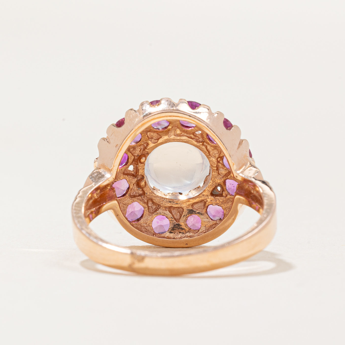 Bague halo en pierre de lune et saphir rose | 0,90 ct, 2,40 ct au total | Taille 6 |
