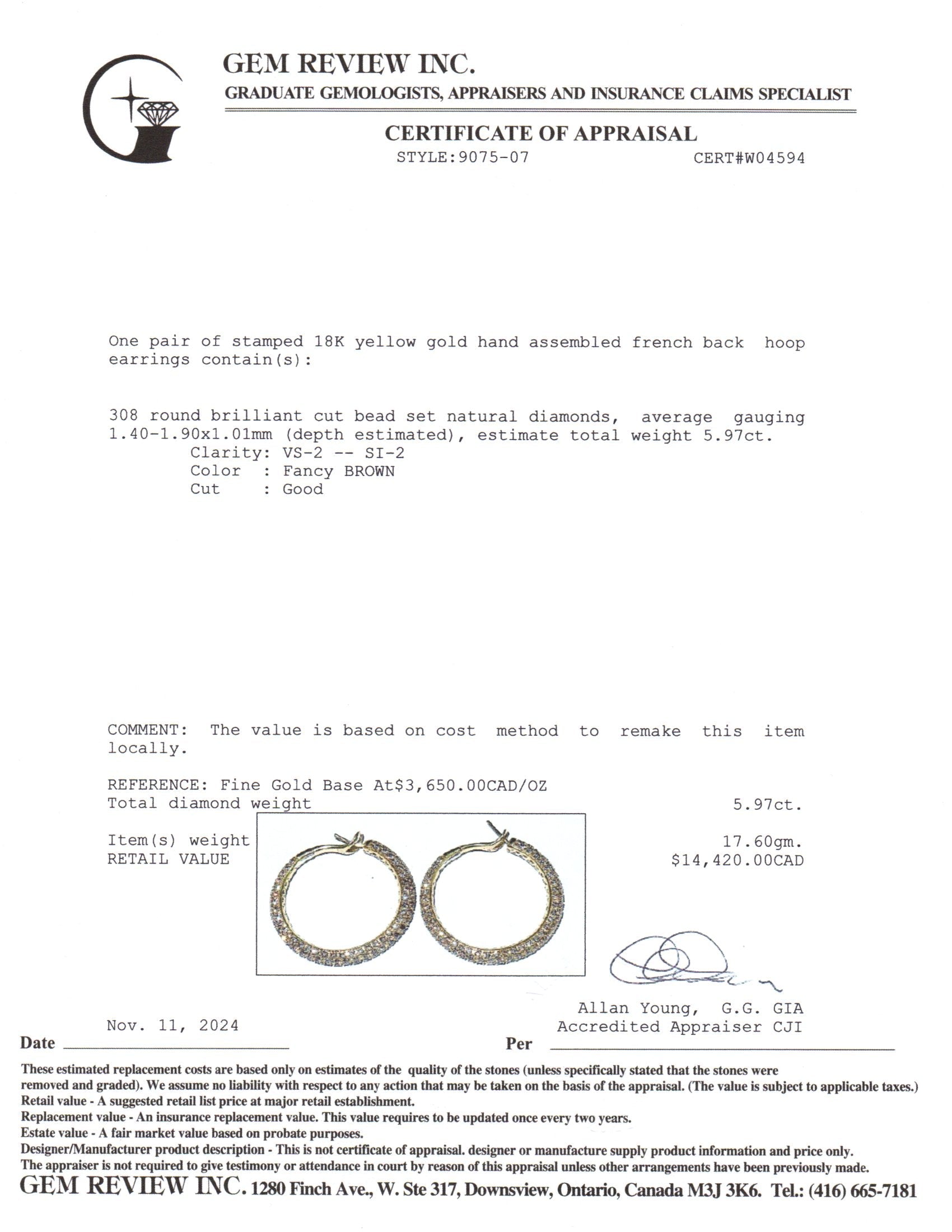 18K Yellow Gold Diamond Hoop Earrings | 5.97ctw |