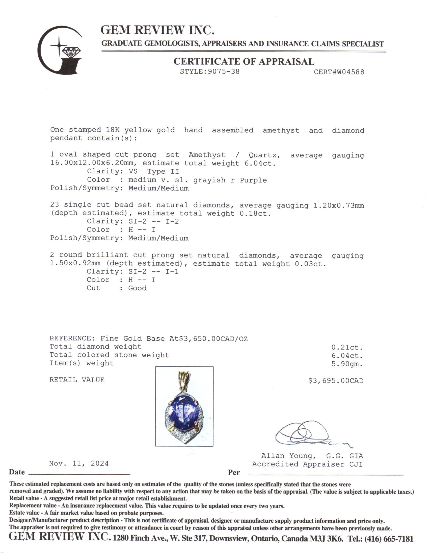 18K Yellow Gold Amethyst & Diamond Pendant | 6.04ct, 0.21ctw |
