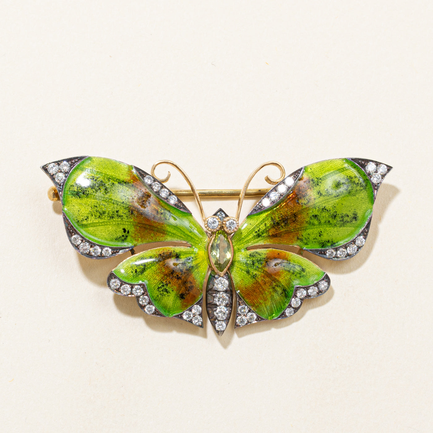 Diamond & Peridot Butterfly Brooch | 0.63ctw, 0.28ct