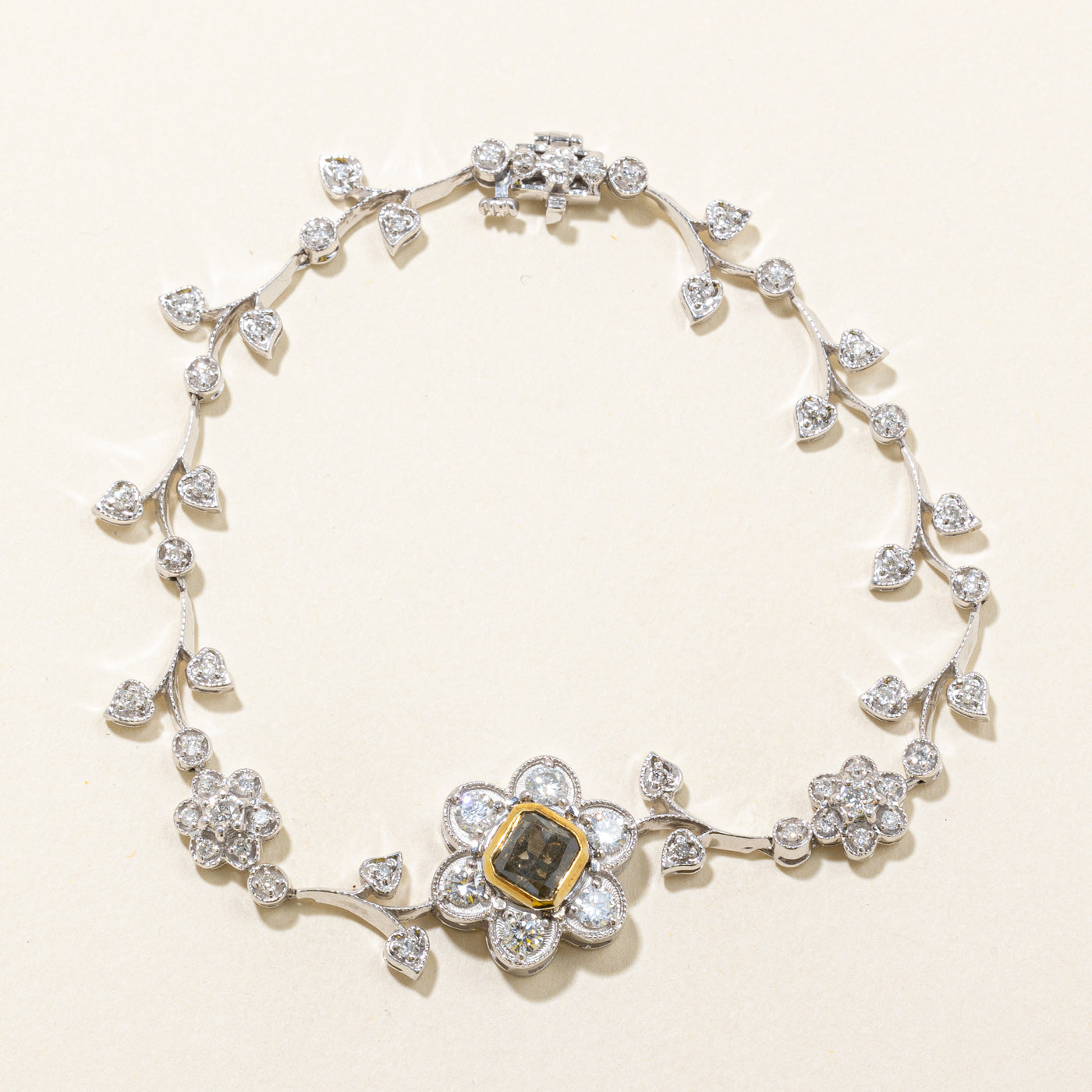 Greenish Brown & White Diamond Floral Bracelet | 1.00ct, 1.15ctw | 7.5" |