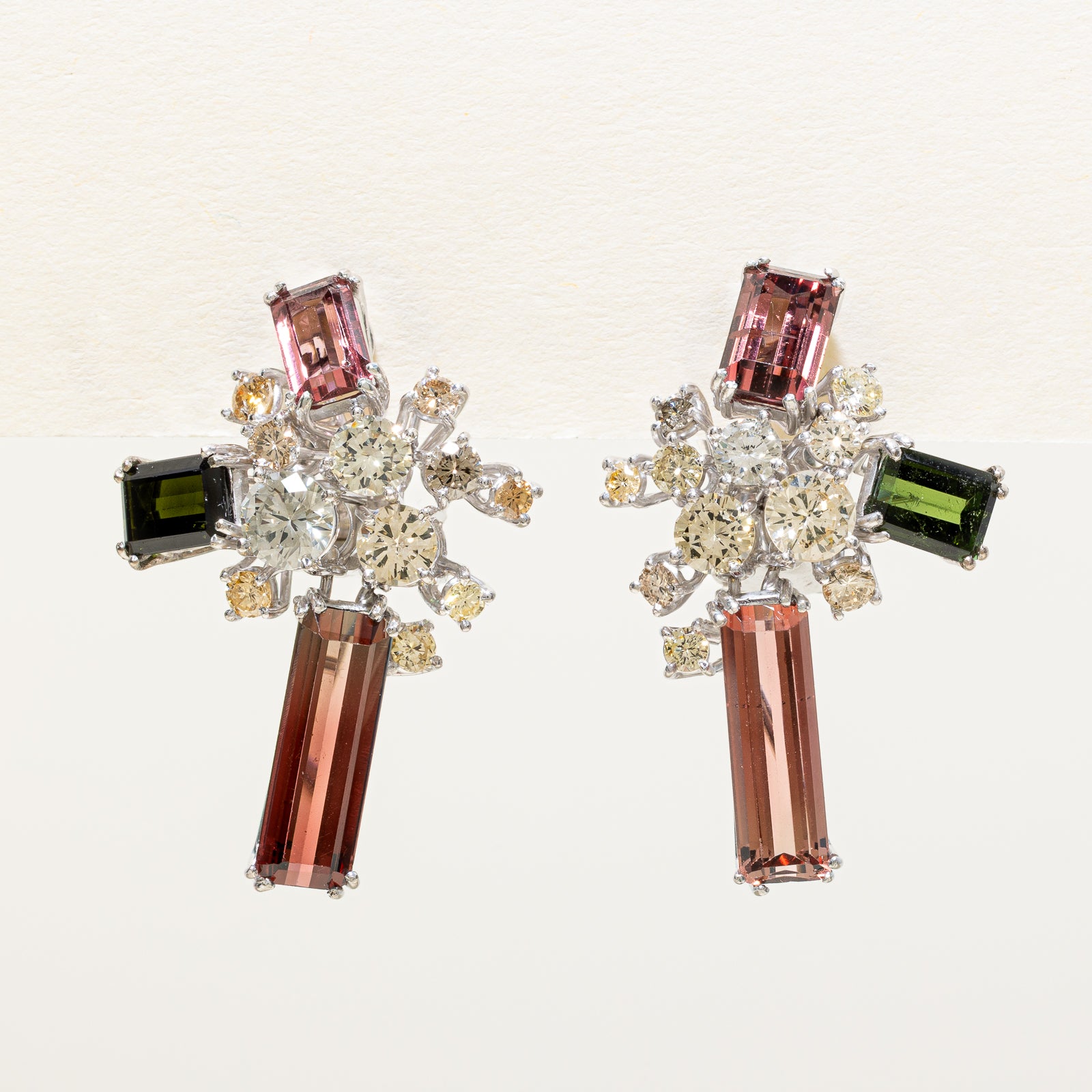 Multi Colour Tourmaline & Diamond Drop Abstract Earrings | 9.00ctw, 2.53ctw