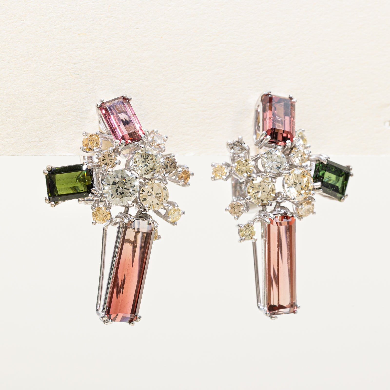 Multi Colour Tourmaline & Diamond Drop Abstract Earrings | 9.00ctw, 2.53ctw