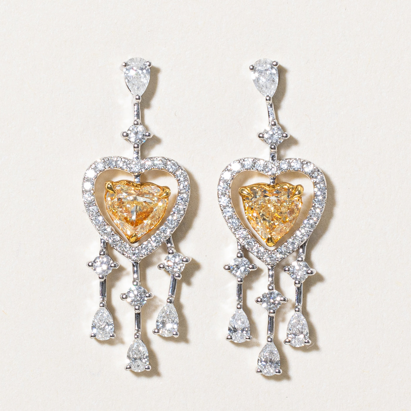 Heart Cut Yellow Diamond Drop Earrings | 0.85ctw, 0.65ctw |
