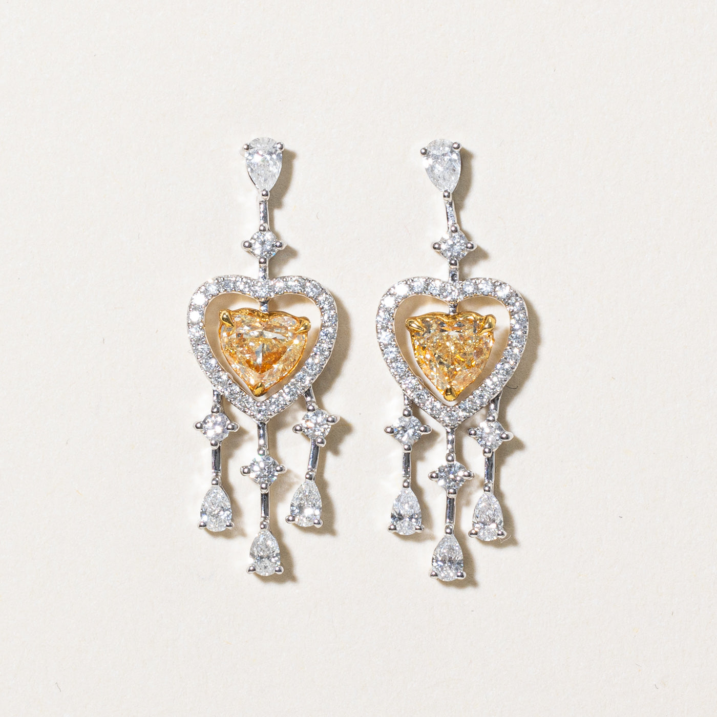 Heart Cut Yellow Diamond Drop Earrings | 0.85ctw, 0.65ctw |