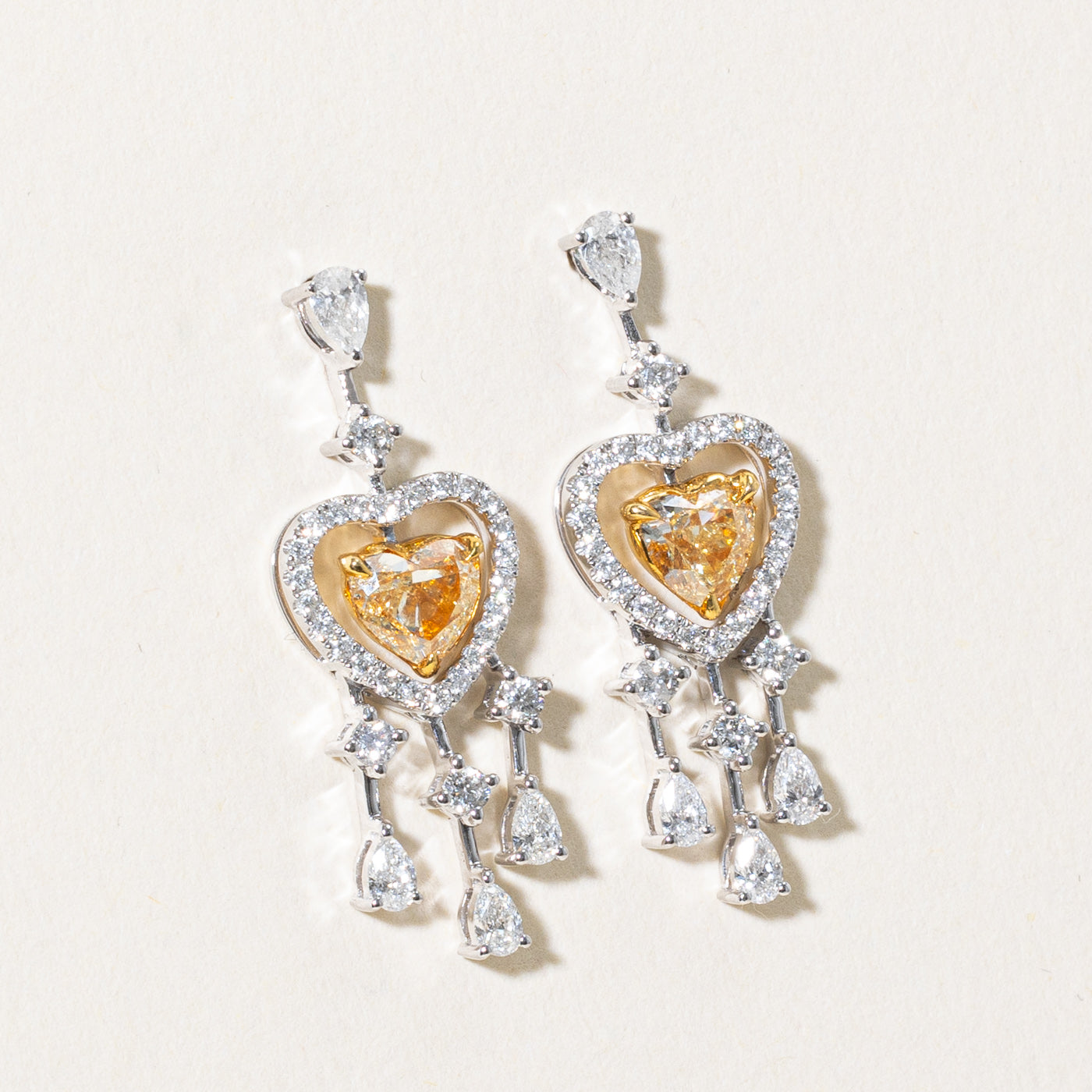 Heart Cut Yellow Diamond Drop Earrings | 0.85ctw, 0.65ctw |