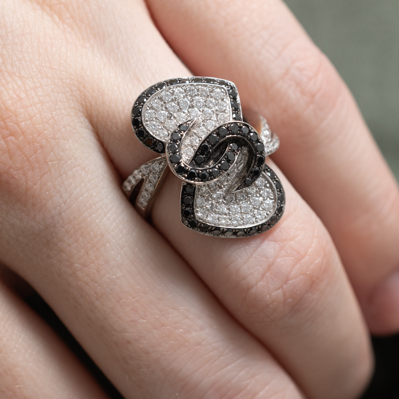 White & Black Diamond Heart Bypass Ring | 0.55ctw, 0.53ctw | SZ 6.5