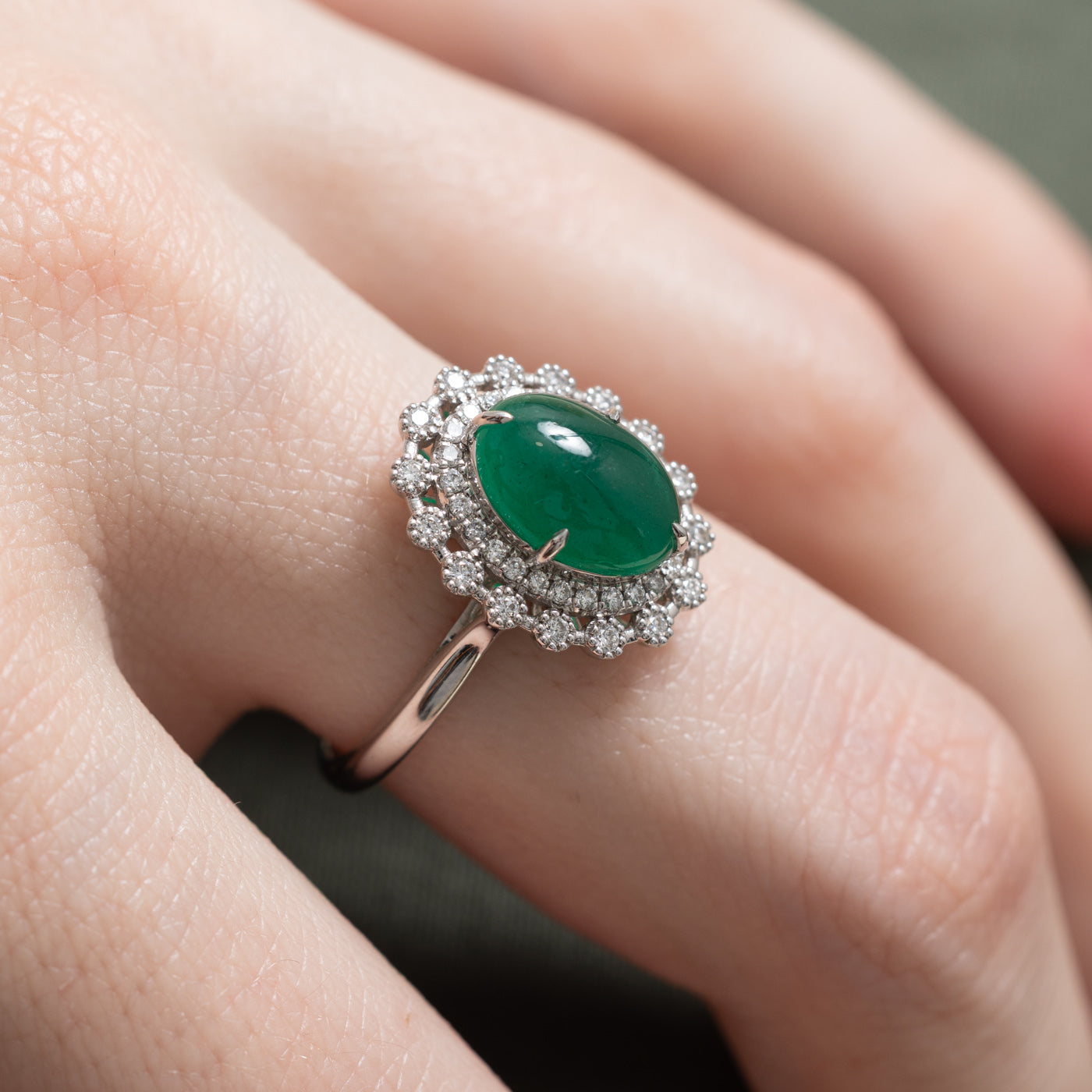 Cabochon Emerald & Diamond Halo Ring | 1.96ct, 0.27ctw | SZ 7.25