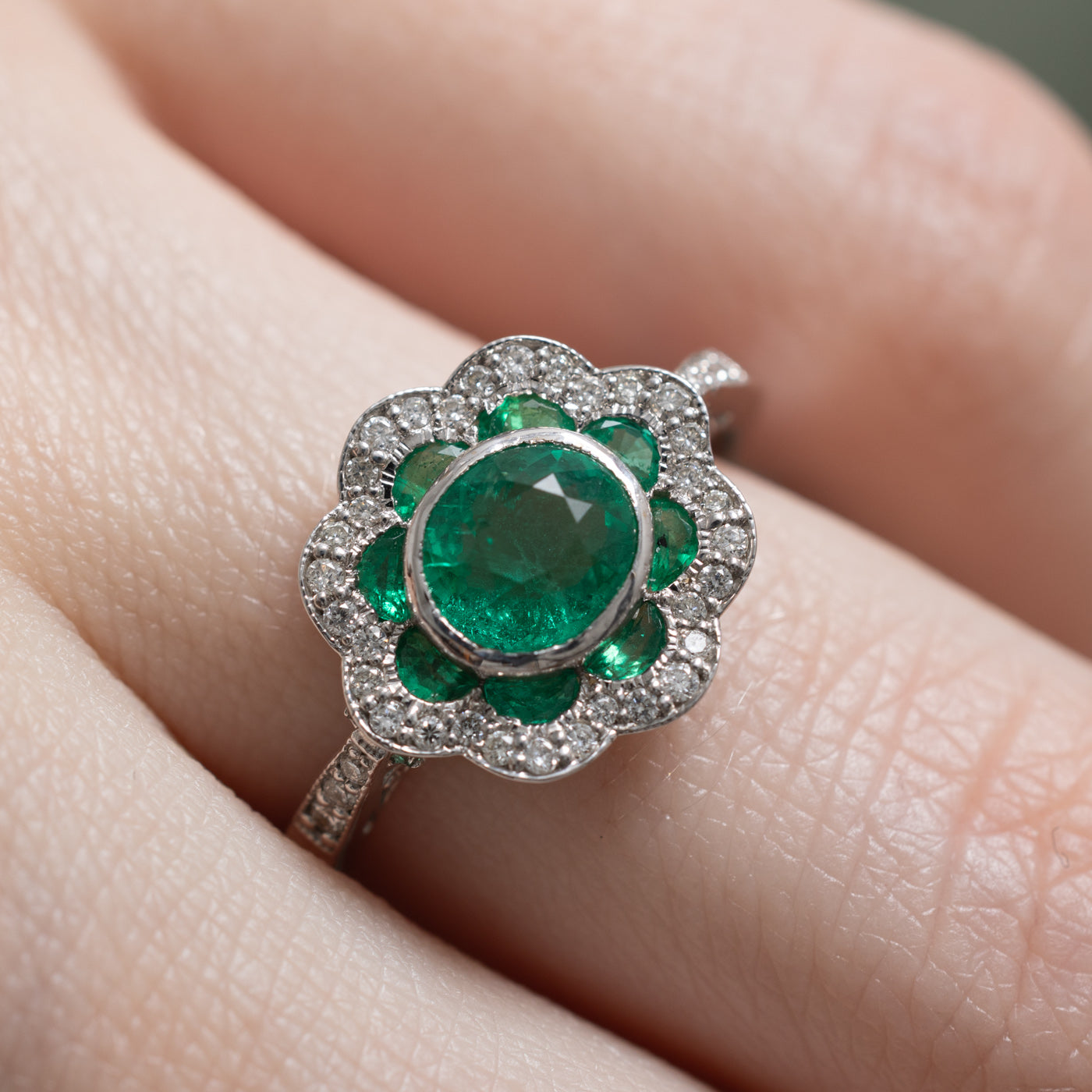 GIA Emerald & Diamond Halo Ring | 1.21ctw, 0.20ctw | SZ 6.75