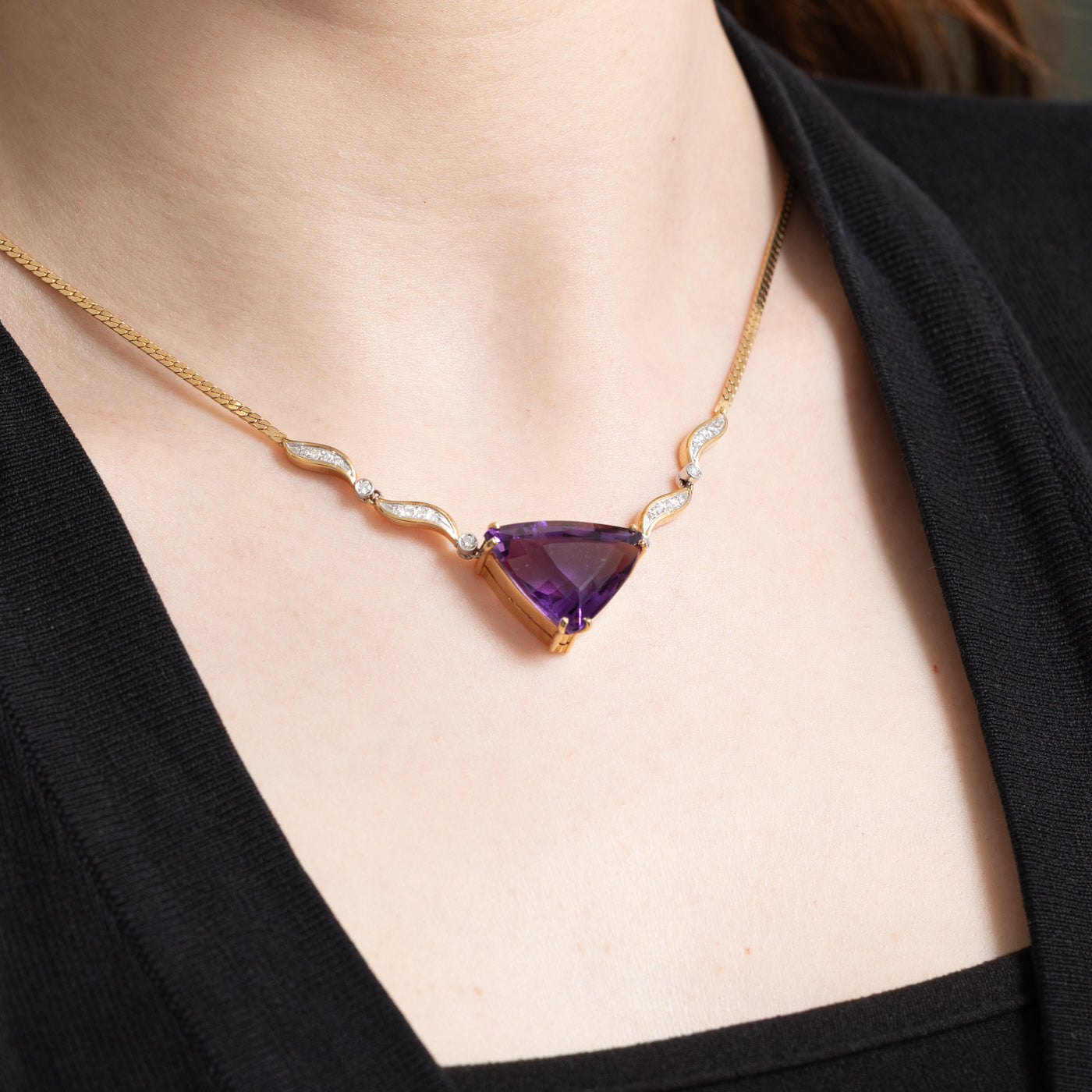 Trilliant Cut Amethyst & Diamond Necklace | 19.00ct, 0.24ctw
