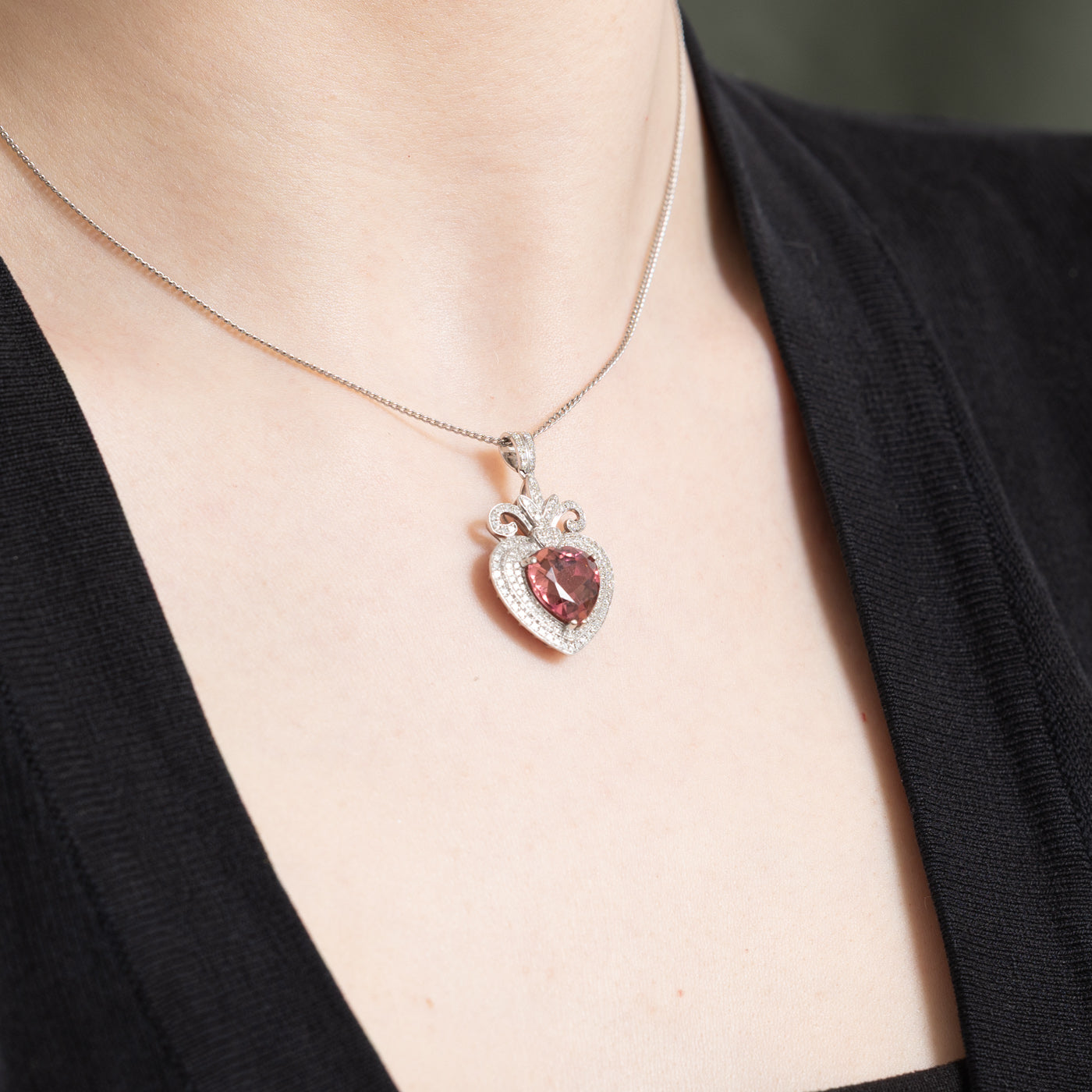 Pink Heart Cut Tourmaline & Diamond Pendant | 4.70ct, 0.70ctw