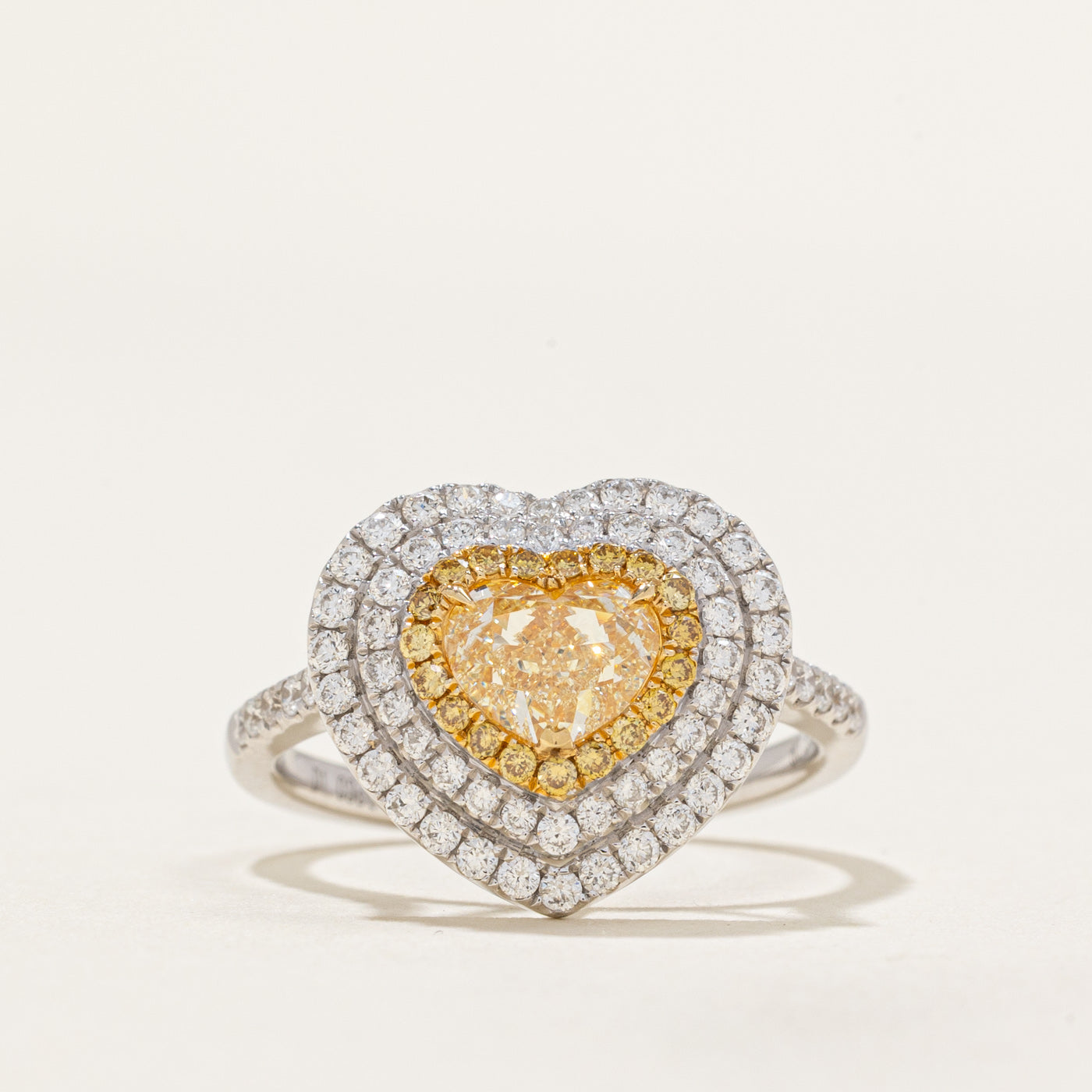 Yellow & White Diamond Heart Halo Ring | 1.15ctw, 0.57ctw | SZ 6