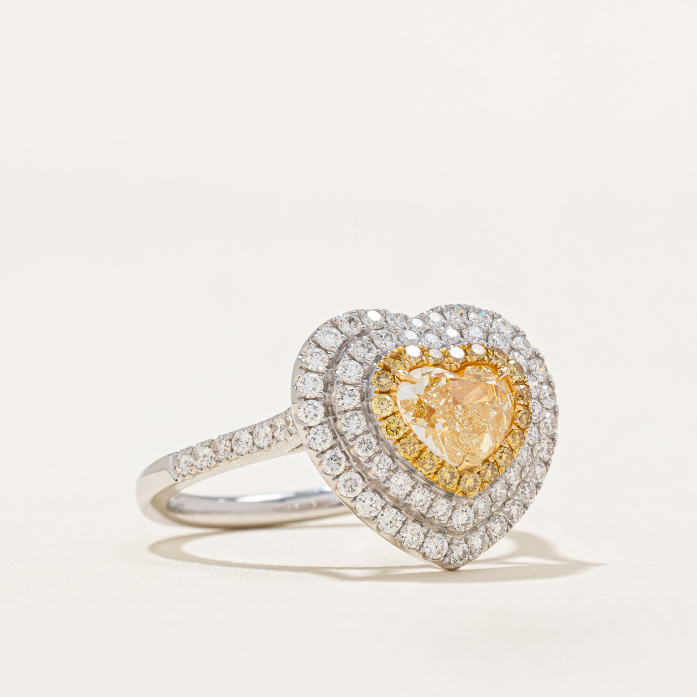 Yellow & White Diamond Heart Halo Ring | 1.15ctw, 0.57ctw | SZ 6