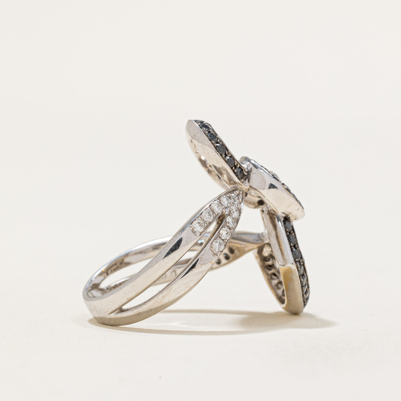 White & Black Diamond Heart Bypass Ring | 0.55ctw, 0.53ctw | SZ 6.5
