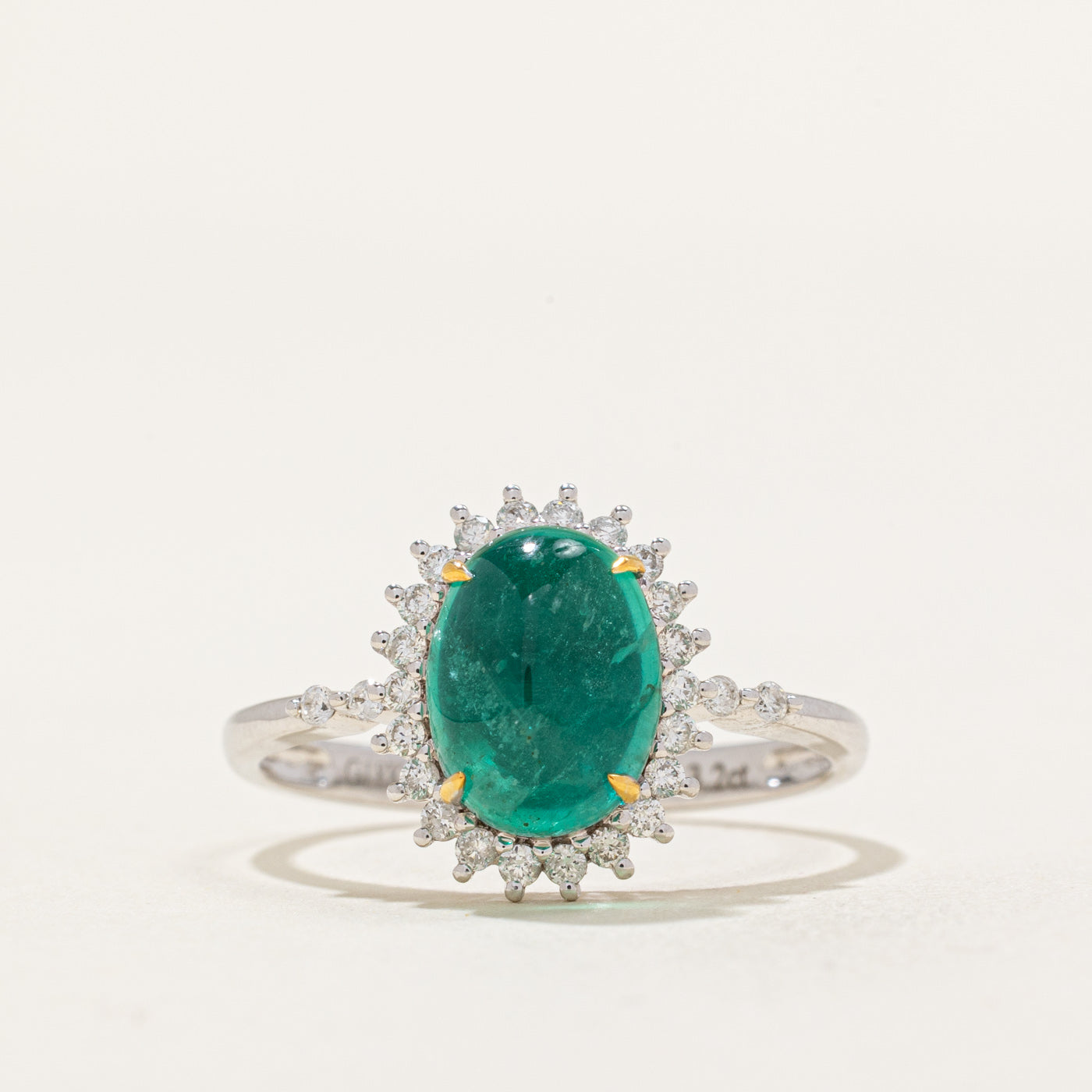 Cabochon Emerald & Diamond Halo Ring | 3.20ct, 0.26ctw | SZ 8