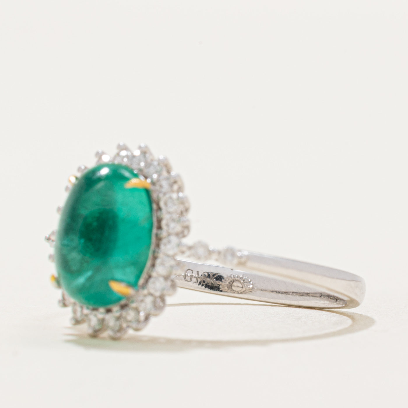 Cabochon Emerald & Diamond Halo Ring | 3.20ct, 0.26ctw | SZ 8