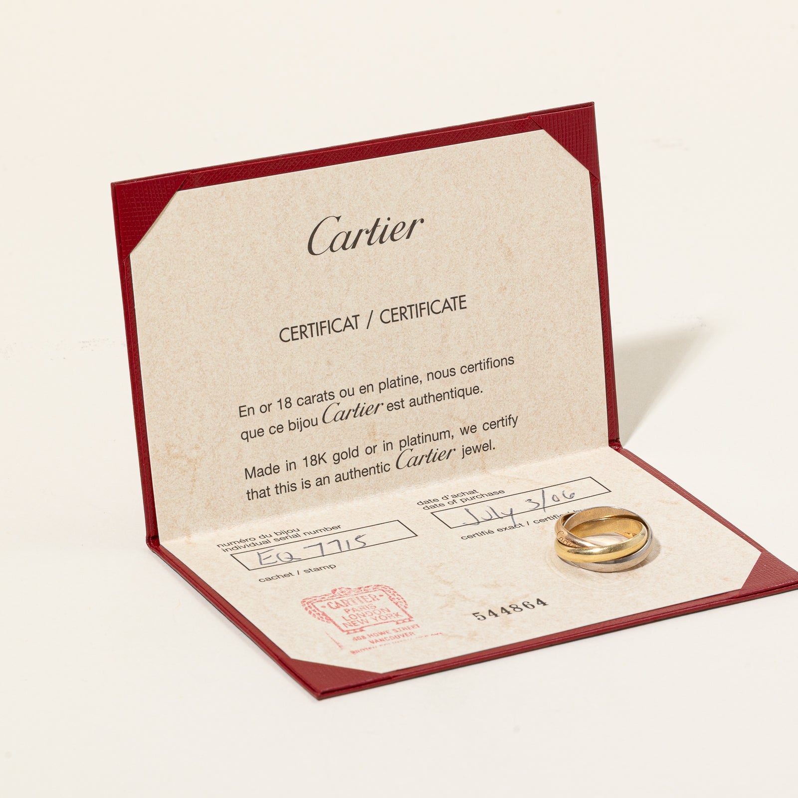'Cartier' Trinity Ring - Classic Model | 3.45mm | SZ 7.5 | Cartier Size 55
