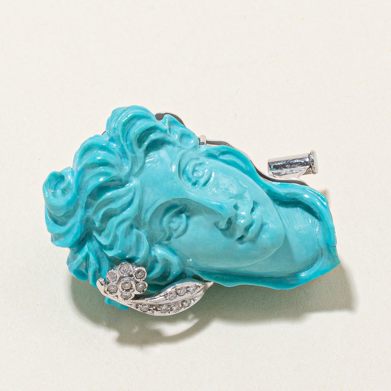 Turquoise & Diamond Cameo Convertible Pendant & Brooch | 50.00ct, 0.14ctw