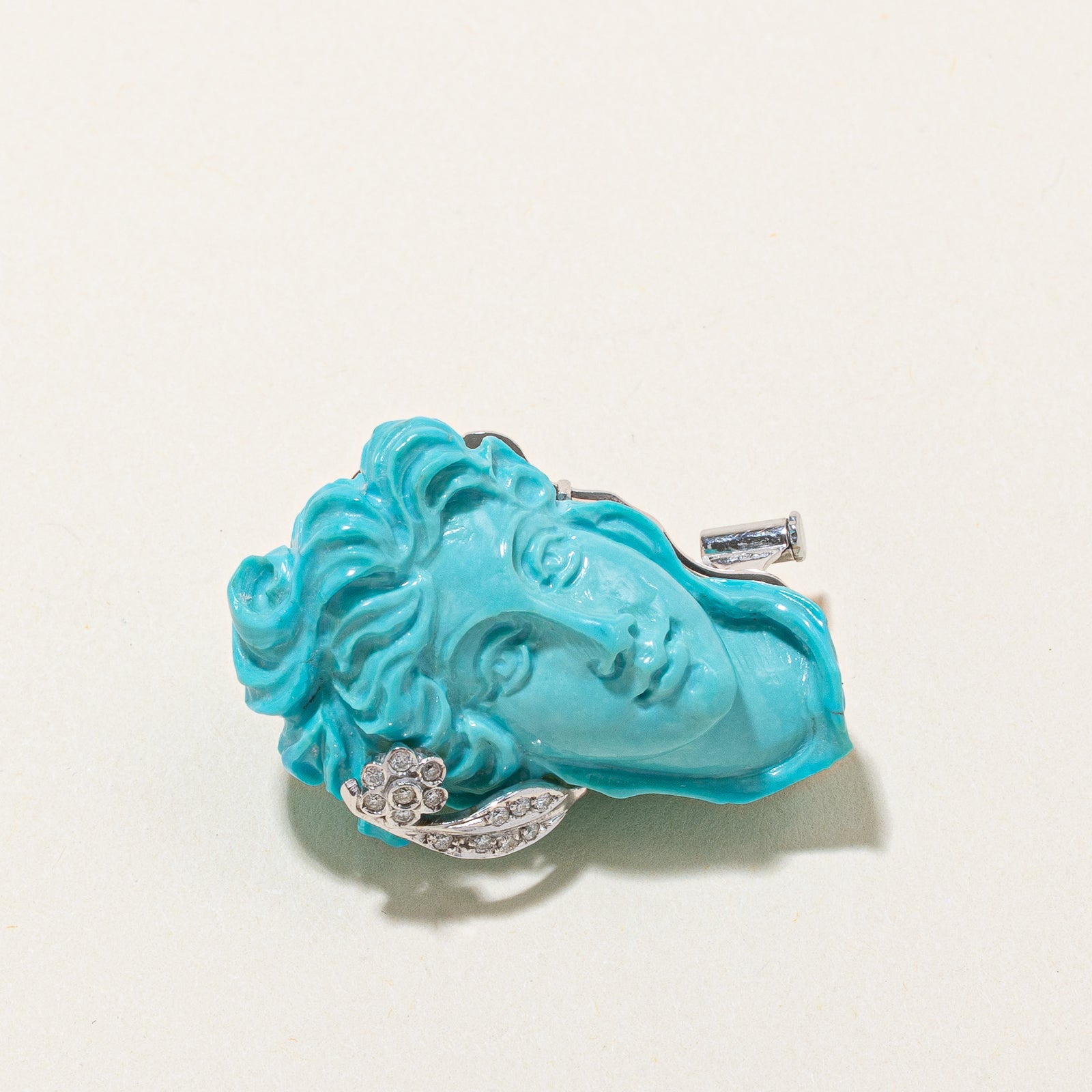 Turquoise & Diamond Cameo Convertible Pendant & Brooch | 50.00ct, 0.14ctw