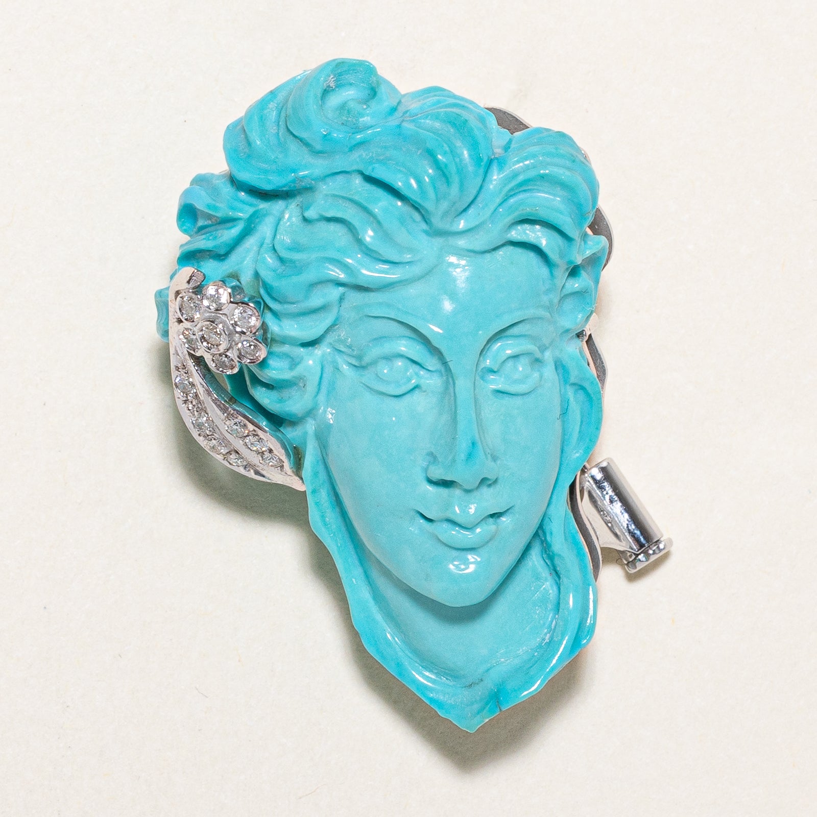 Turquoise & Diamond Cameo Convertible Pendant & Brooch | 50.00ct, 0.14ctw