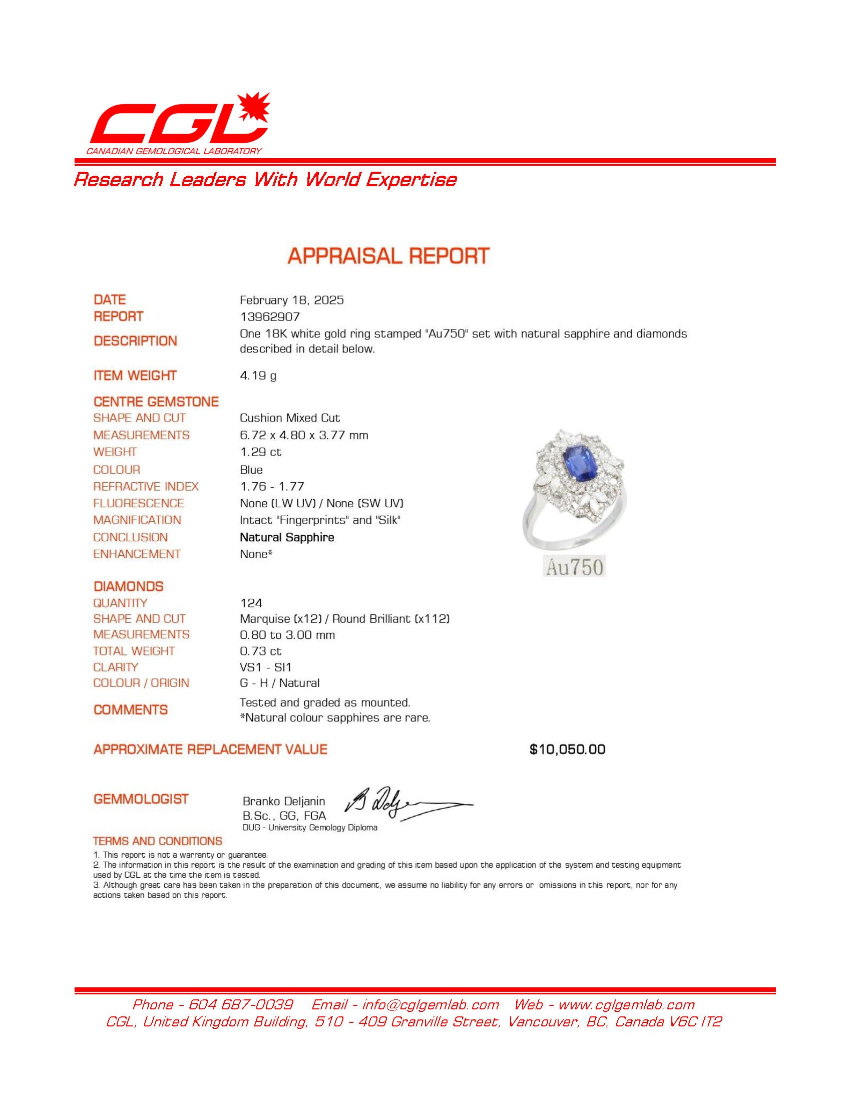 Unheated Cornflower Blue Sapphire & Diamond Engagement Ring | 1.29ct, 0.73ctw | SZ 5.75