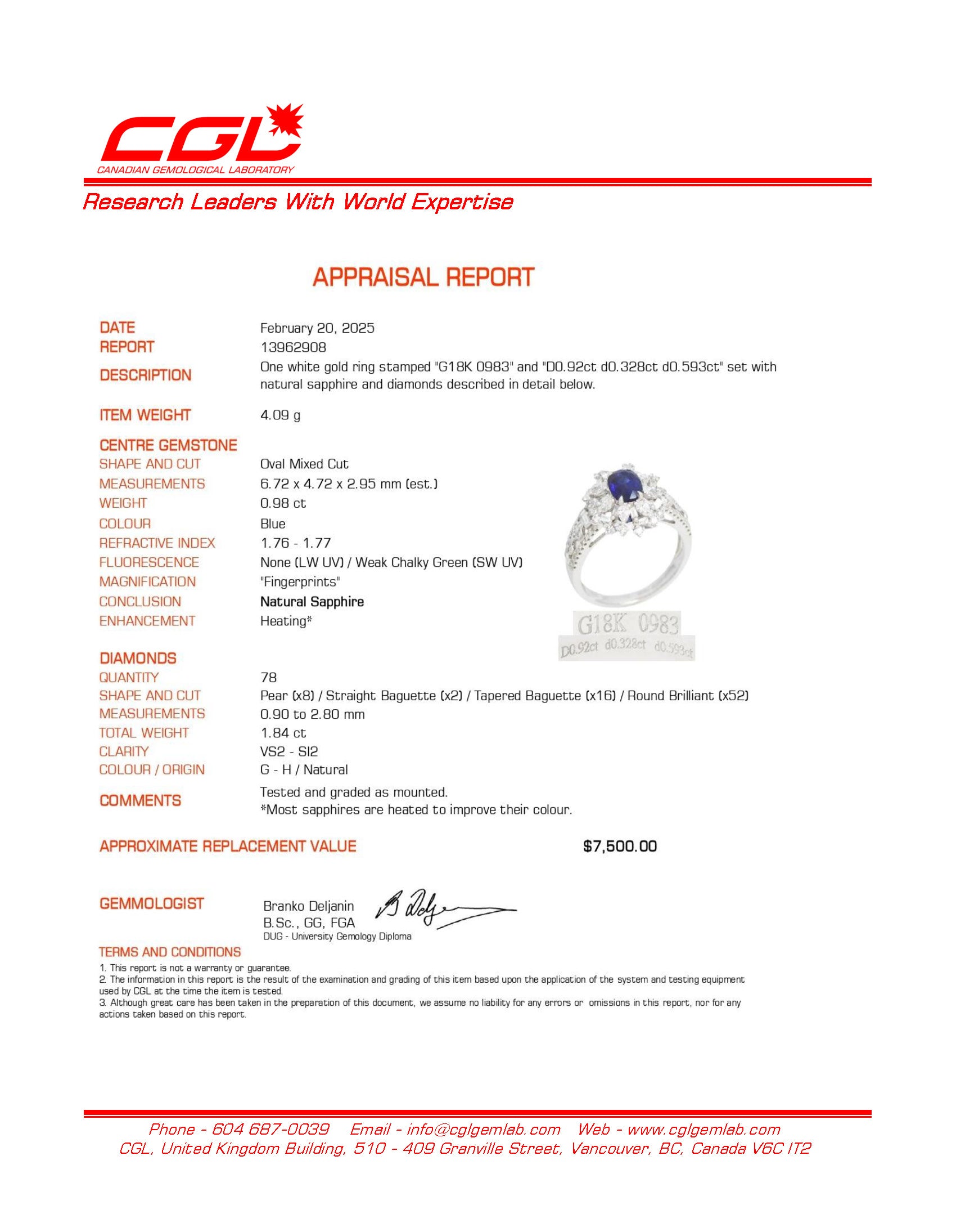 Sapphire & Diamond Engagement Ring | 0.98ct, 1.84ctw | SZ 6.25