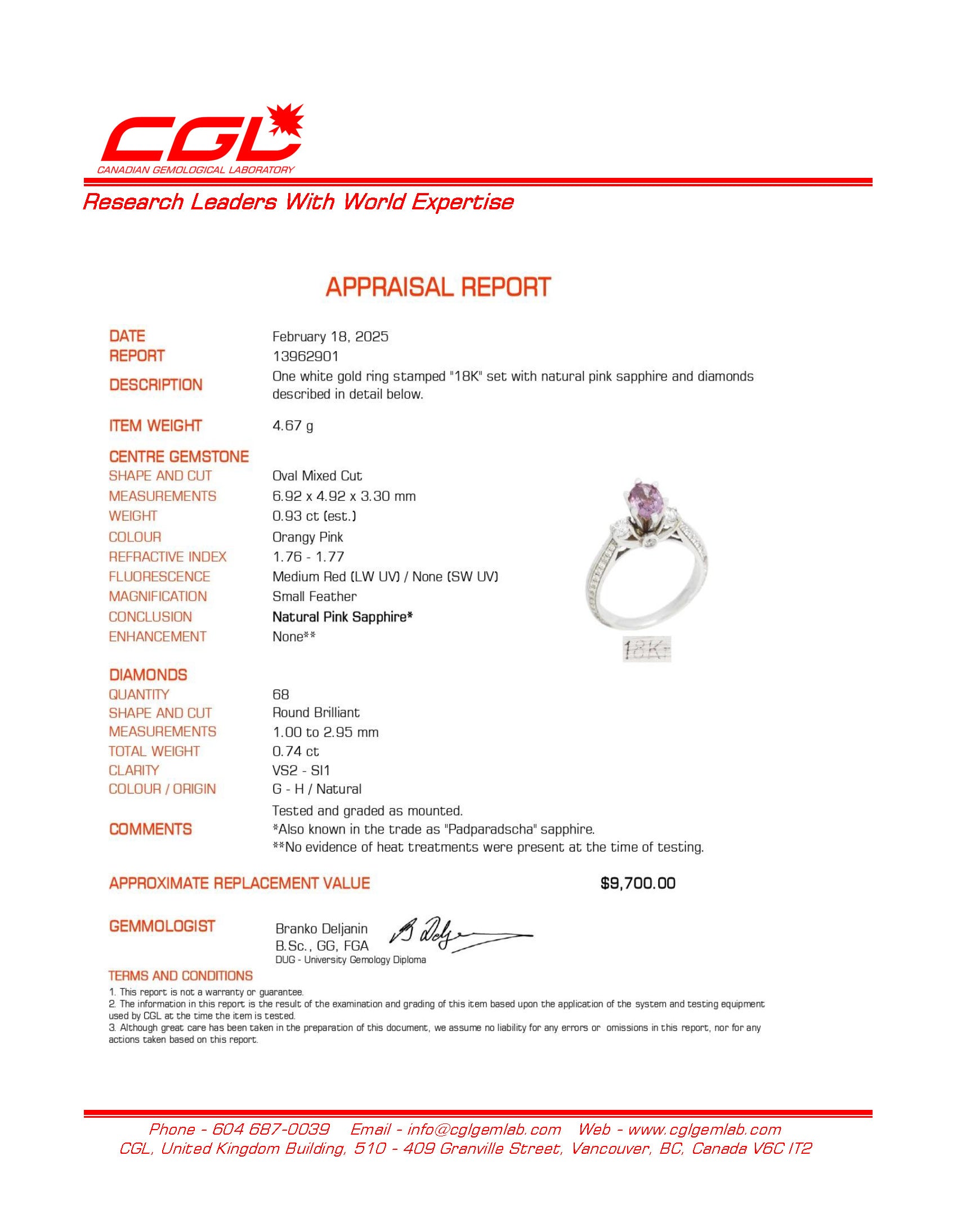 Bague de fiançailles en saphir Padparadscha non chauffé et diamants | 0,93 ct, 0,74 ct au total | Taille 6,75
