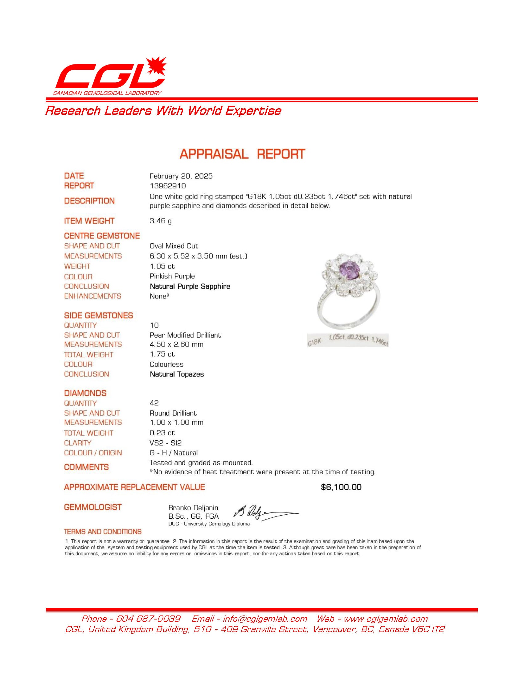 Bague en saphir violet non chauffé, topaze incolore et diamants | Saphir 1,05 ct | Topaze 1,746 ct | Diamants 0,235 ct | Taille 6,25