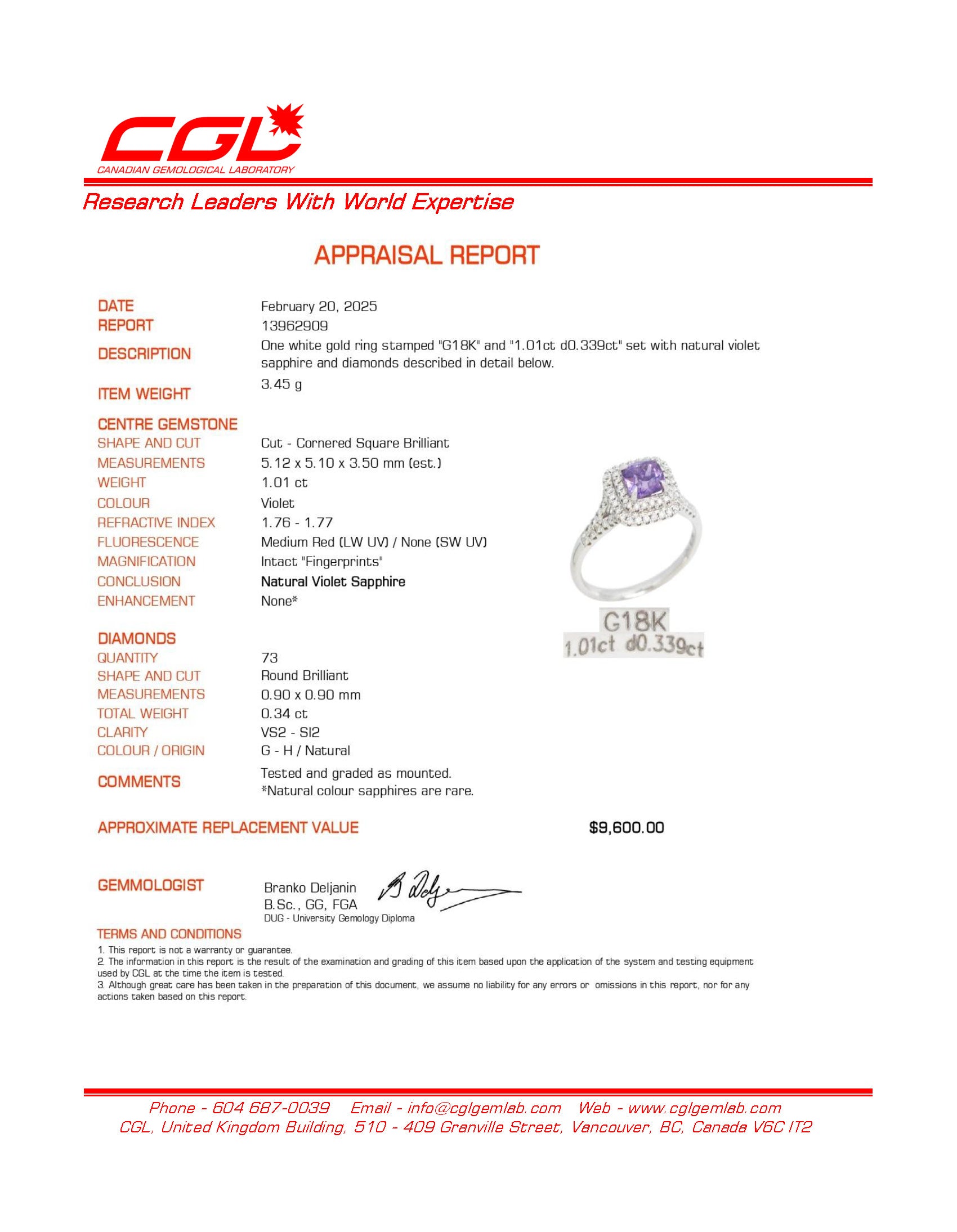 Bague halo en saphir violet non chauffé et diamants | 1,01 ct | 0,34 ct au total | Taille 6,25