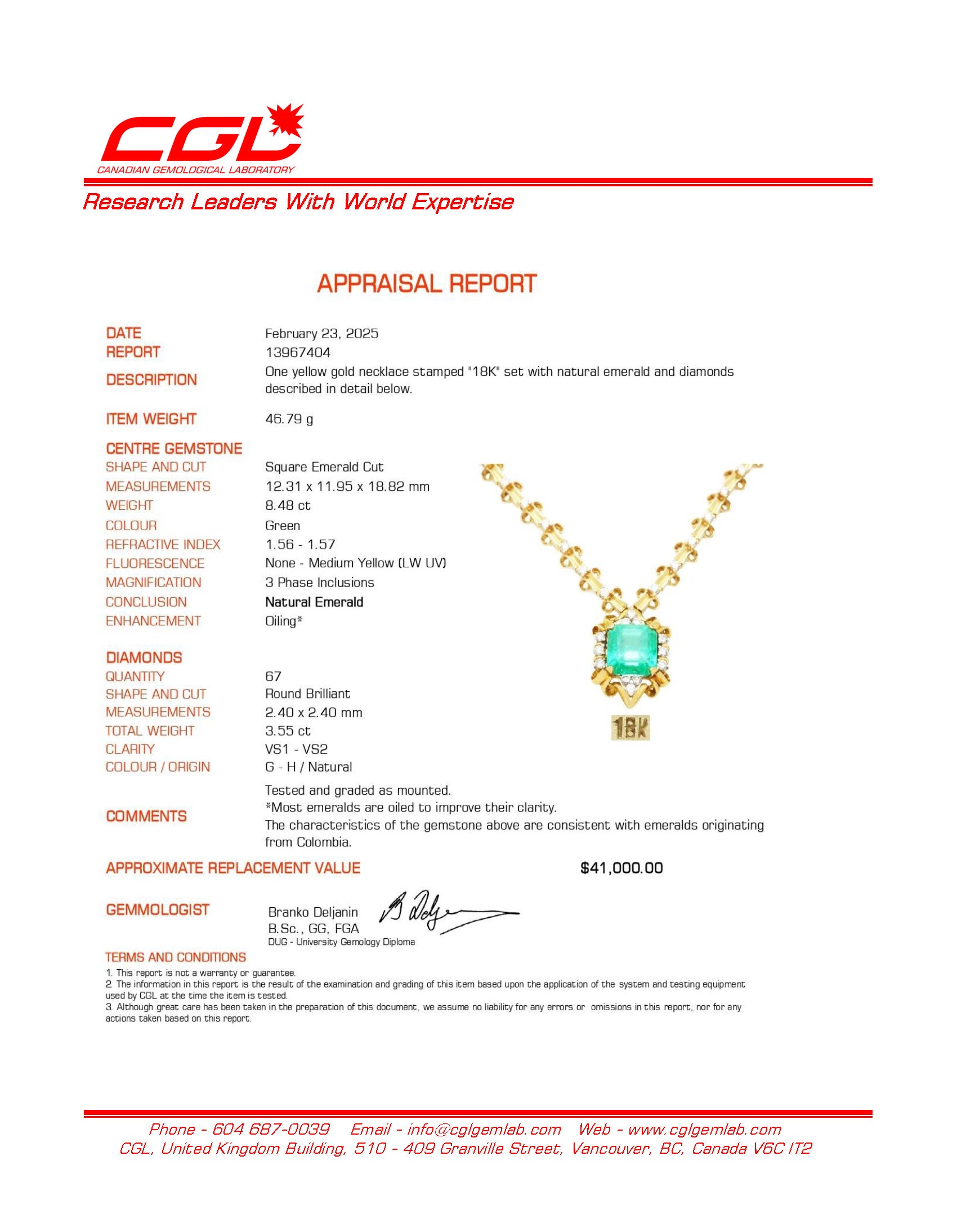 Colombian Emerald & Diamond Fixed Pendant Necklace | 8.48ct, 3.55ctw | 17"