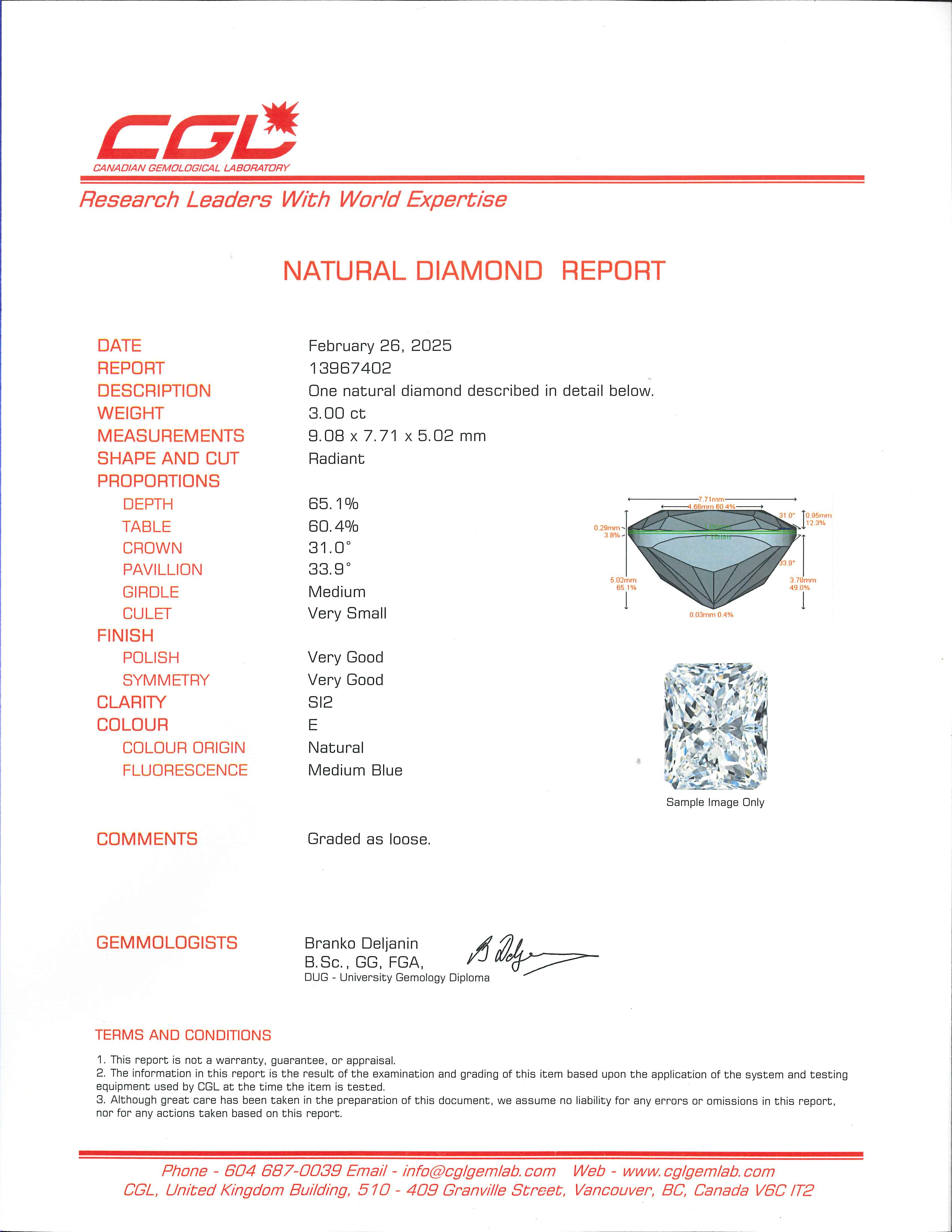 Radiant Cut Diamond Engagement Ring | 3.00ct SI2 E Vey Good cut | 0.40ctw | SZ 5.75