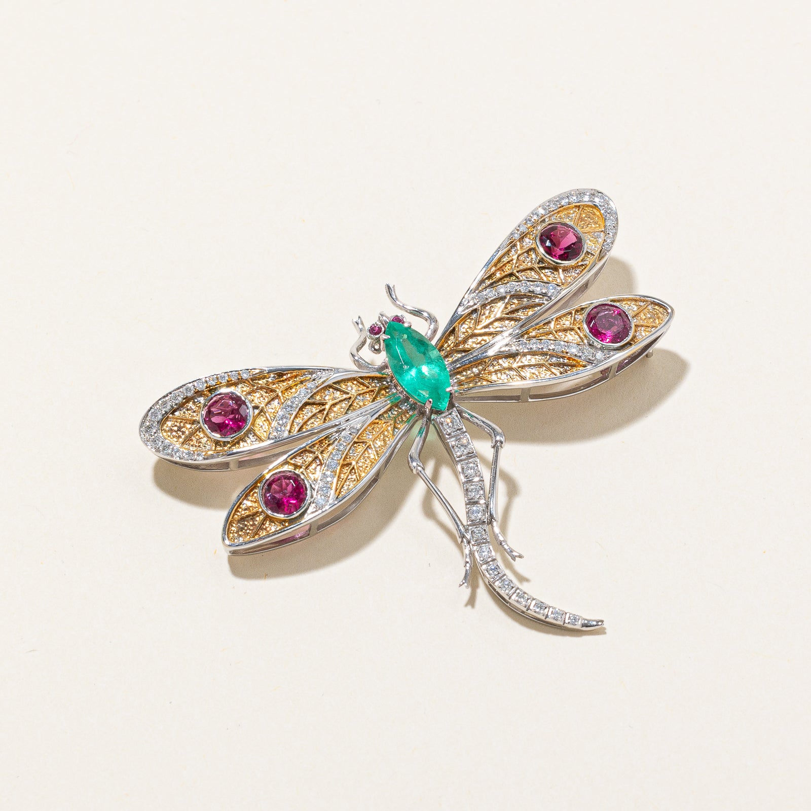 18k Multi Gemstone Dragonfly Brooch | E 1.25ct | T 1.60ctw | R 0.04ctw | D 0.50ctw