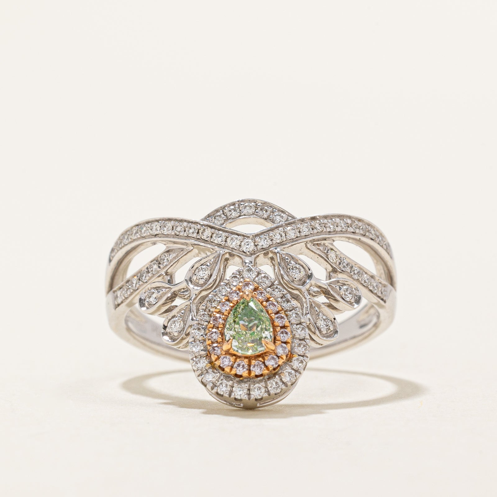 Natural Fancy Yellowish Green & Pink Diamond Chevron Ring | 0.18ct | 0.45ctw | 0.243ctw | SZ 6