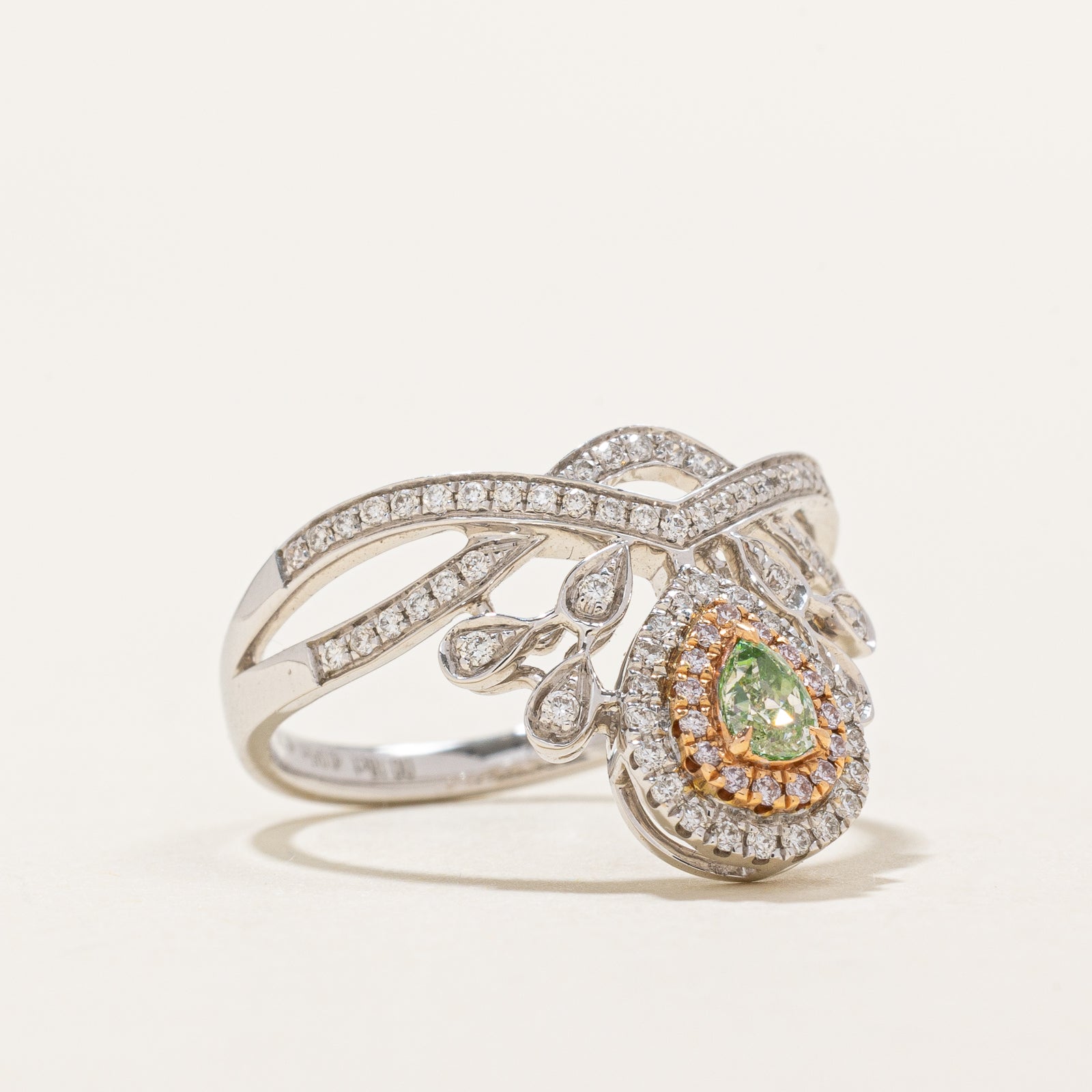 Natural Fancy Yellowish Green & Pink Diamond Chevron Ring | 0.18ct | 0.45ctw | 0.243ctw | SZ 6