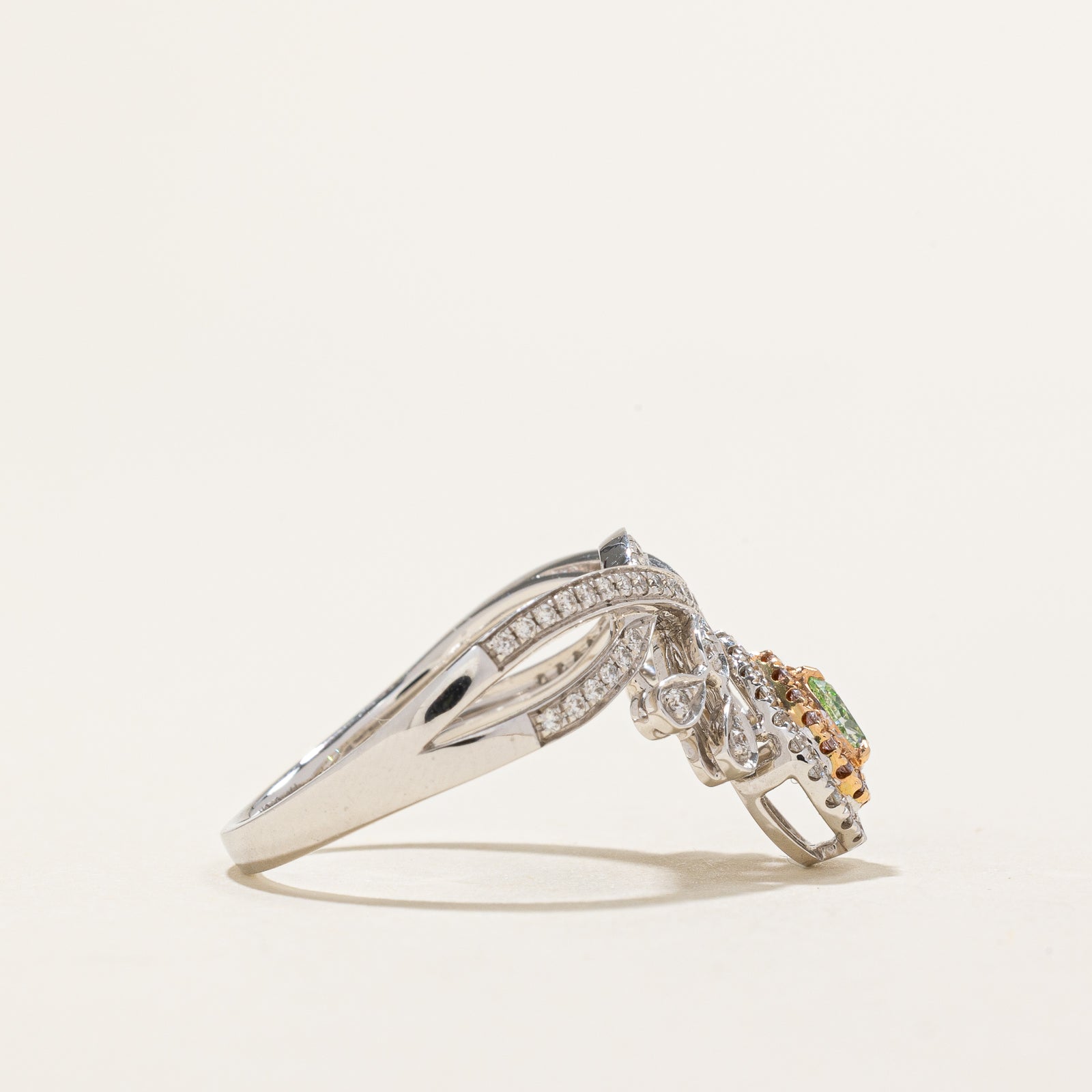 Natural Fancy Yellowish Green & Pink Diamond Chevron Ring | 0.18ct | 0.45ctw | 0.243ctw | SZ 6