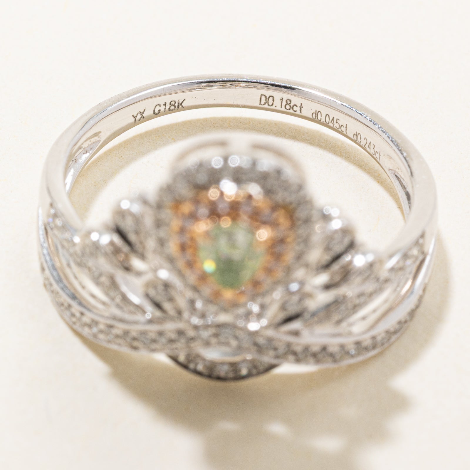 Natural Fancy Yellowish Green & Pink Diamond Chevron Ring | 0.18ct | 0.45ctw | 0.243ctw | SZ 6
