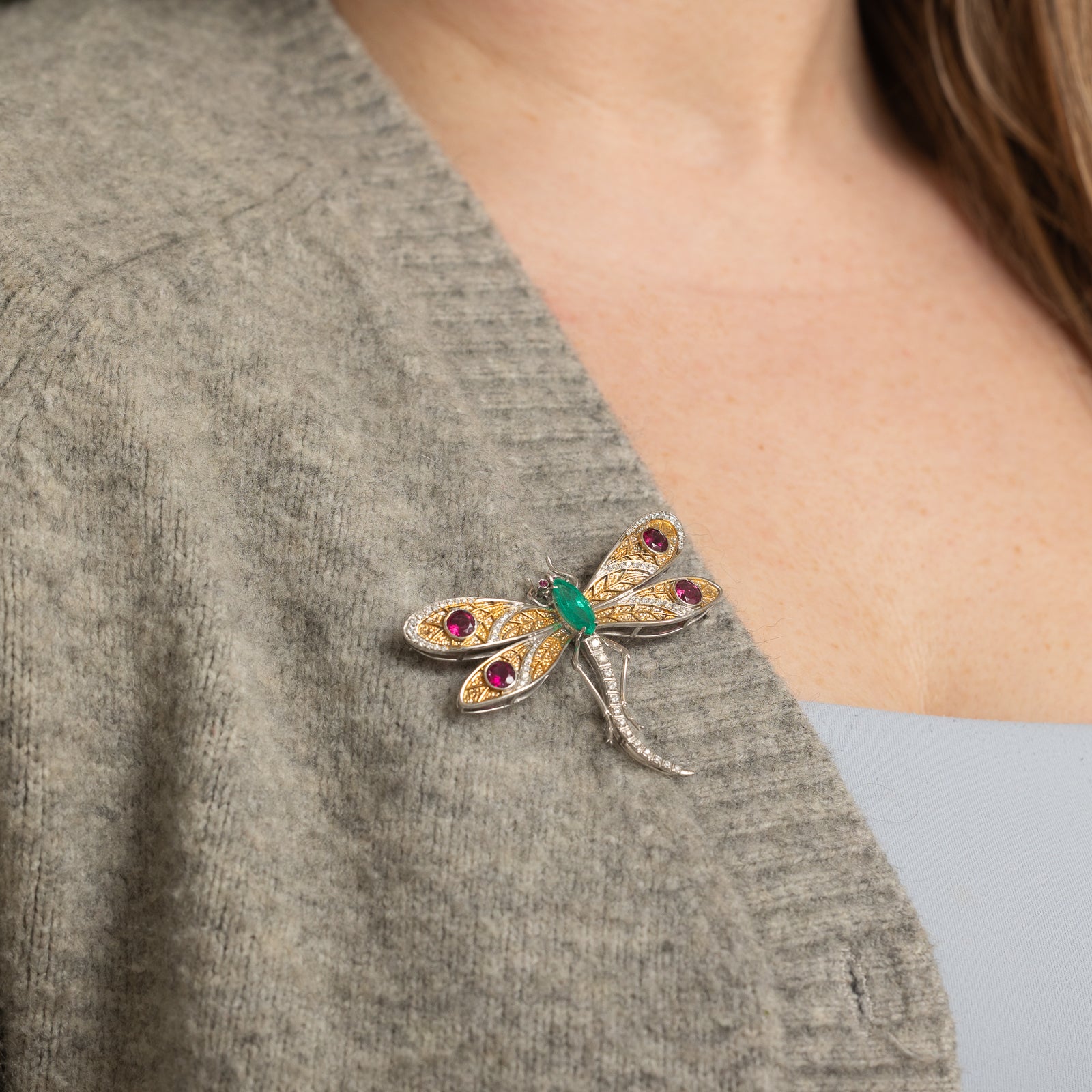 18k Multi Gemstone Dragonfly Brooch | E 1.25ct | T 1.60ctw | R 0.04ctw | D 0.50ctw