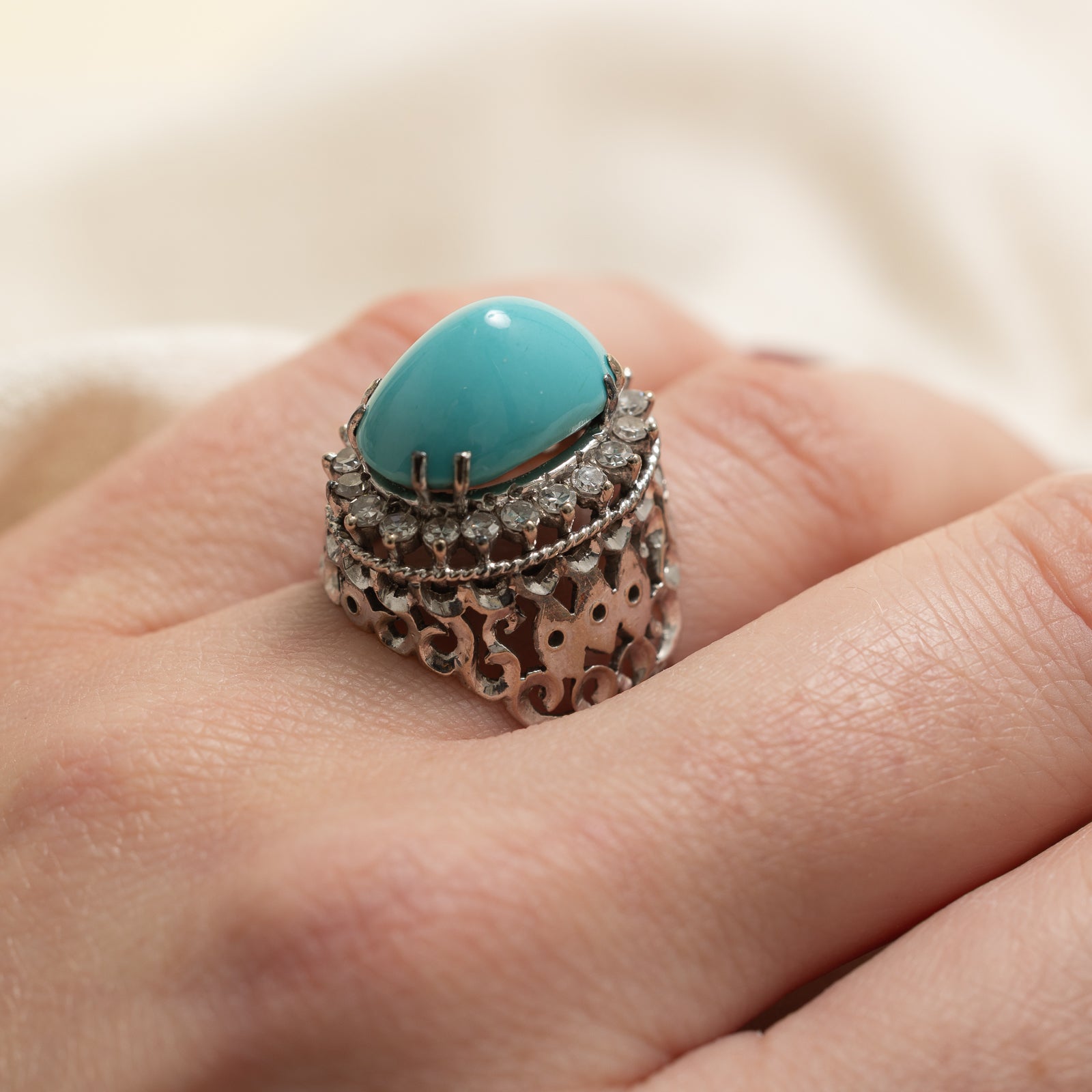 Persian Turquoise & Diamond Halo Cocktail Ring | 10.00ct, 0.70ctw | SZ 6.25