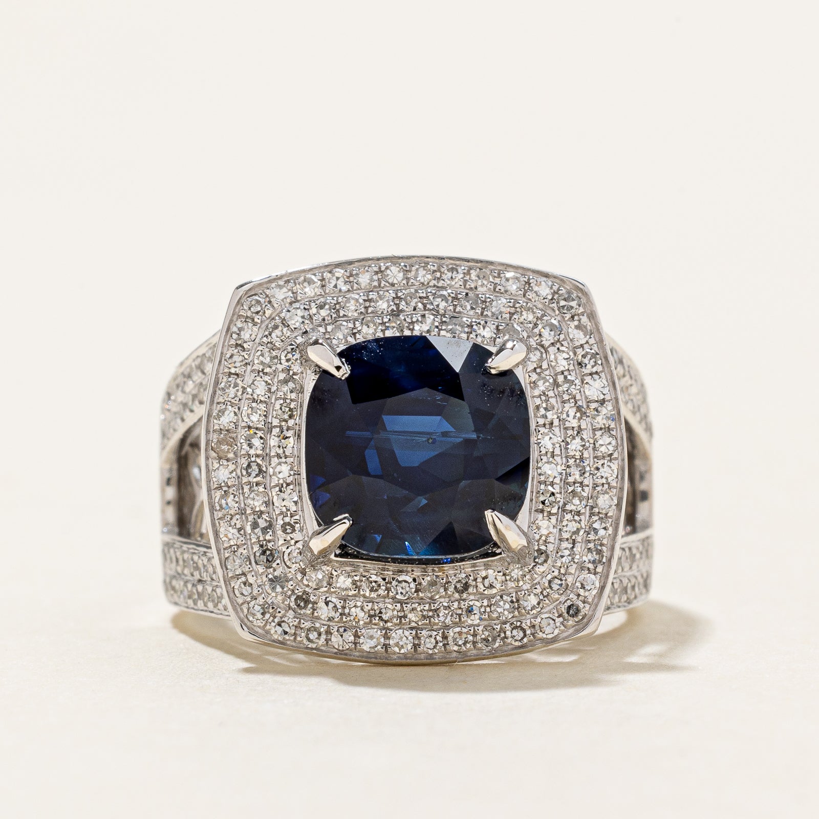 4ct+ GRS Unheated Royal Blue Ceylon Sapphire & Diamond Triple Halo Ring | GRS 4.10ct | 0.60ctw | SZ 6.5