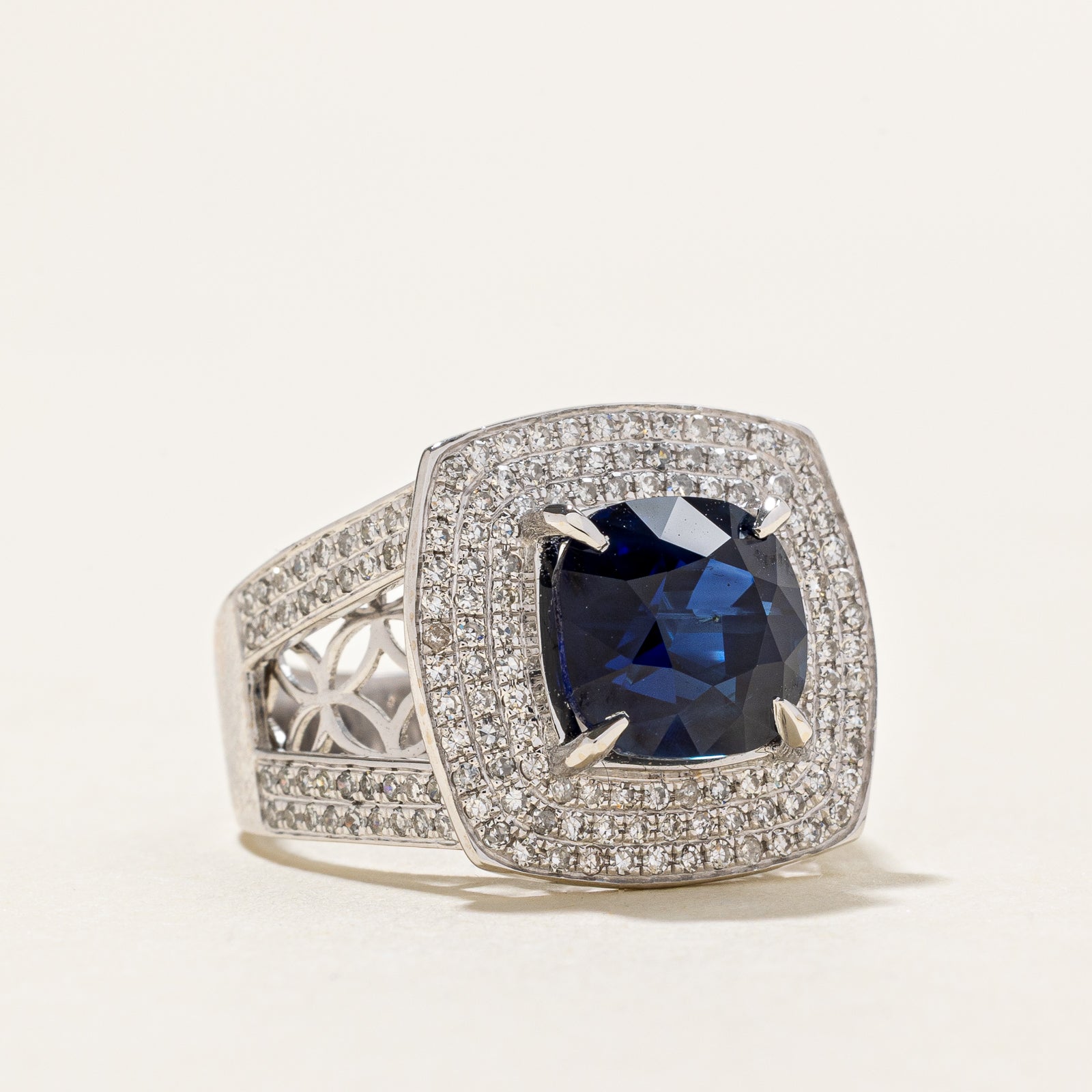 4ct+ GRS Unheated Royal Blue Ceylon Sapphire & Diamond Triple Halo Ring | GRS 4.10ct | 0.60ctw | SZ 6.5