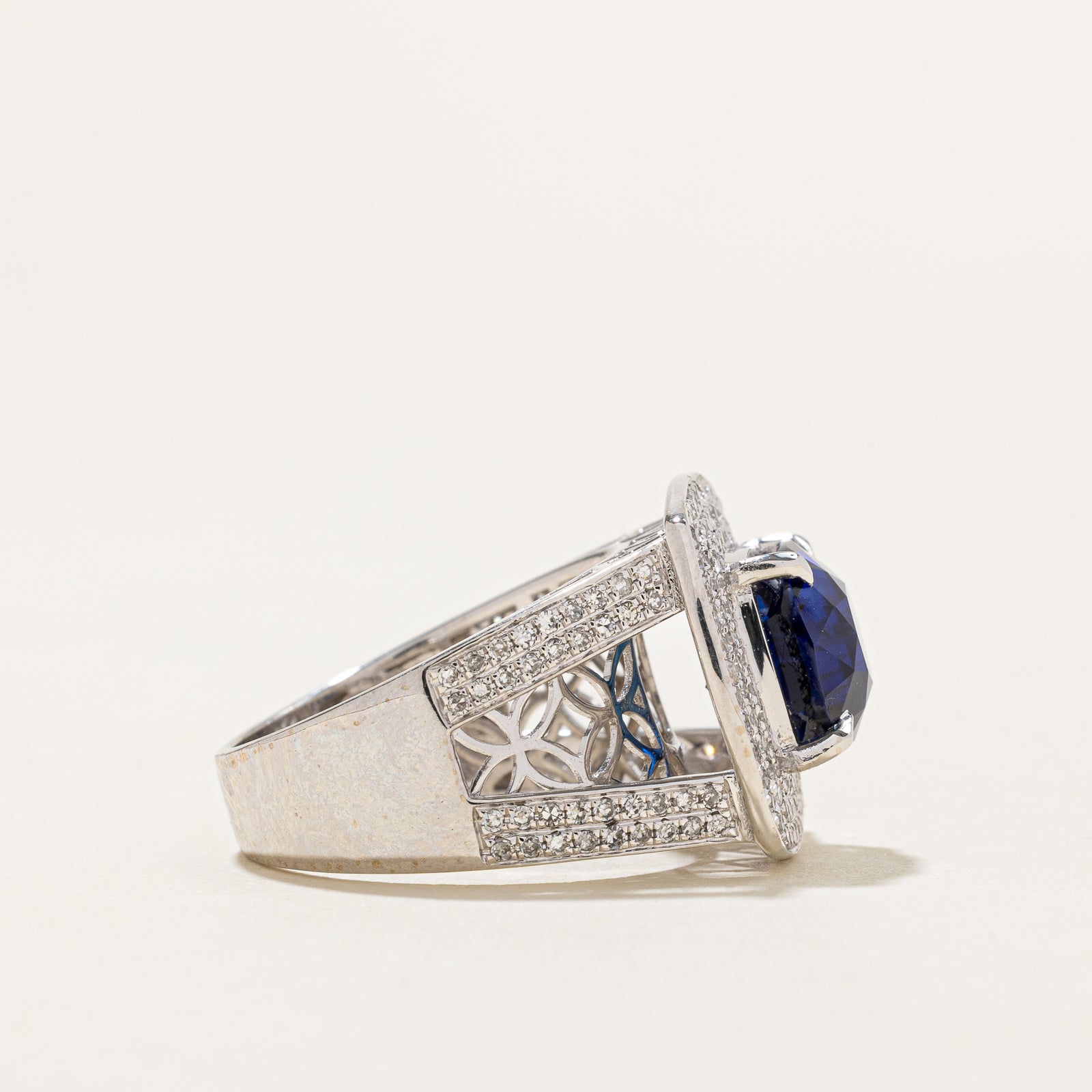 GRS Unheated Royal Blue Ceylon Sapphire & Diamond Triple Halo Ring | 4.10ct, 0.60ctw | SZ 6.5