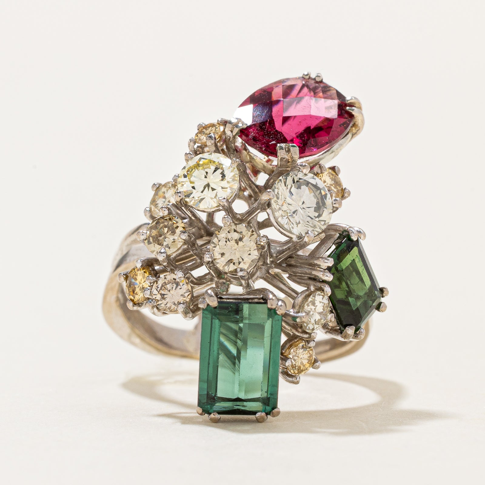 Multi Colour Tourmaline & Diamond Cocktail Ring | 1.16ctw | 3.55ctw | SZ 6