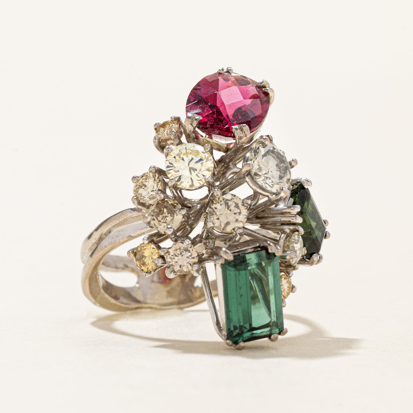 Multi Colour Tourmaline & Diamond Cocktail Ring | 1.16ctw | 3.55ctw | SZ 6