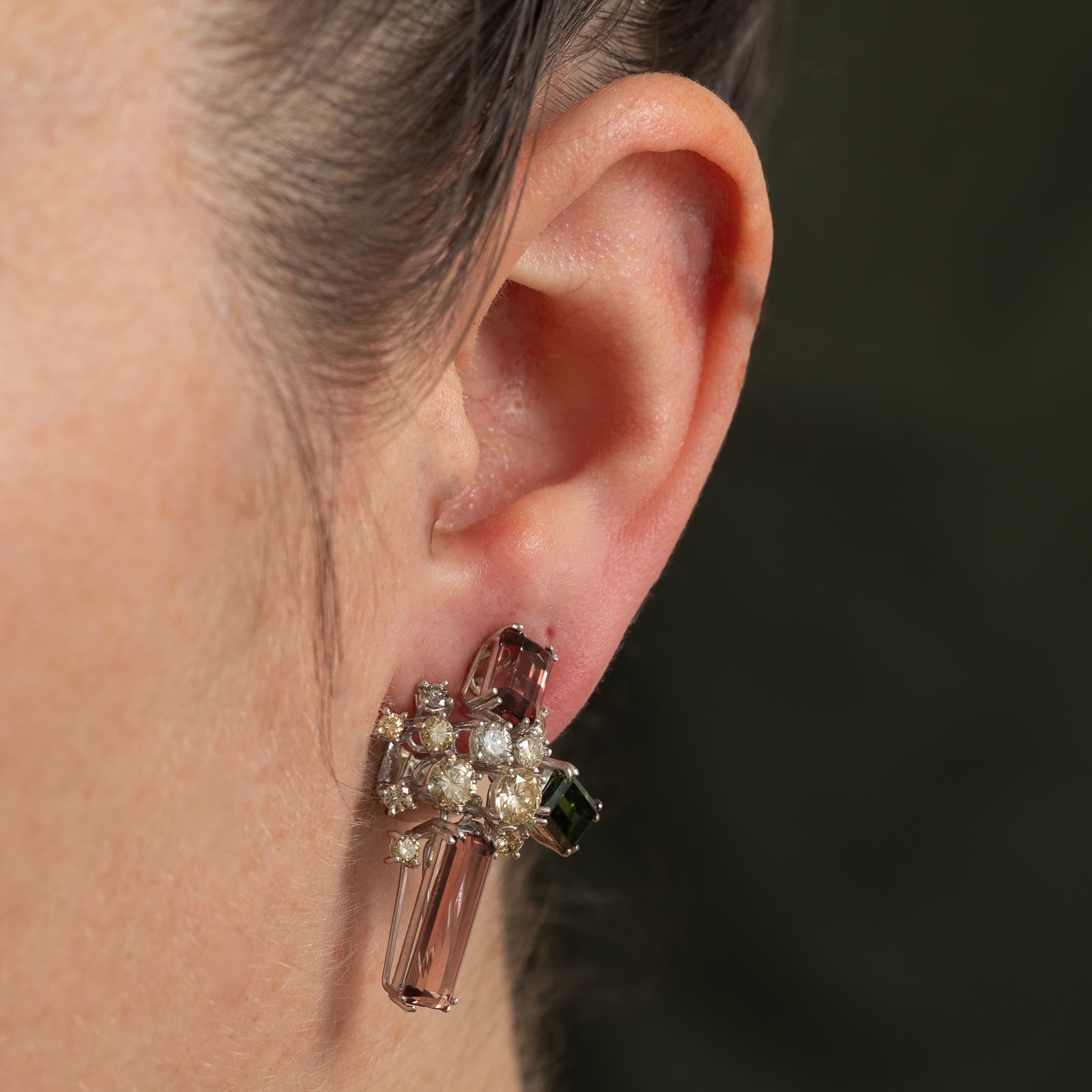 Multi Colour Tourmaline & Diamond Drop Abstract Earrings | 9.00ctw, 2.53ctw