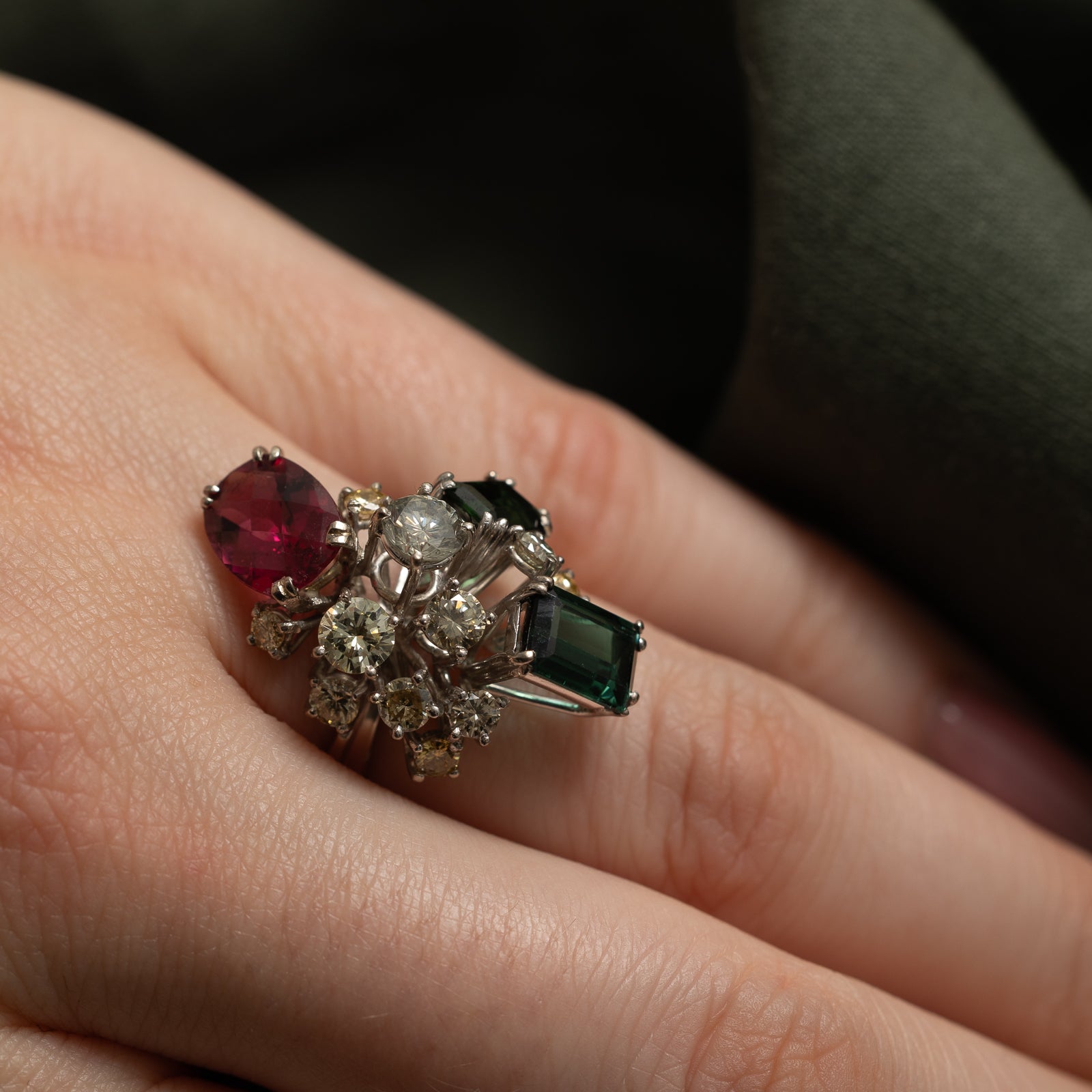 Multi Colour Tourmaline & Diamond Cocktail Ring | 1.16ctw | 3.55ctw | SZ 6