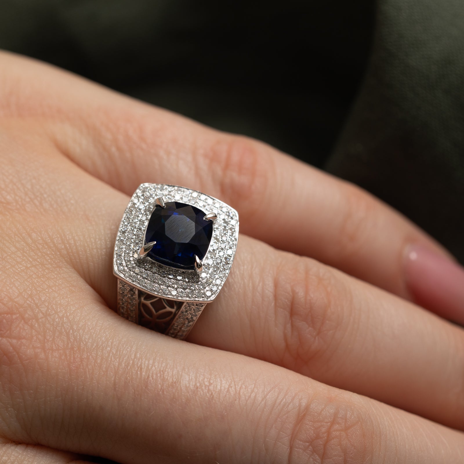 GRS Unheated Royal Blue Ceylon Sapphire & Diamond Triple Halo Ring | 4.10ct, 0.60ctw | SZ 6.5