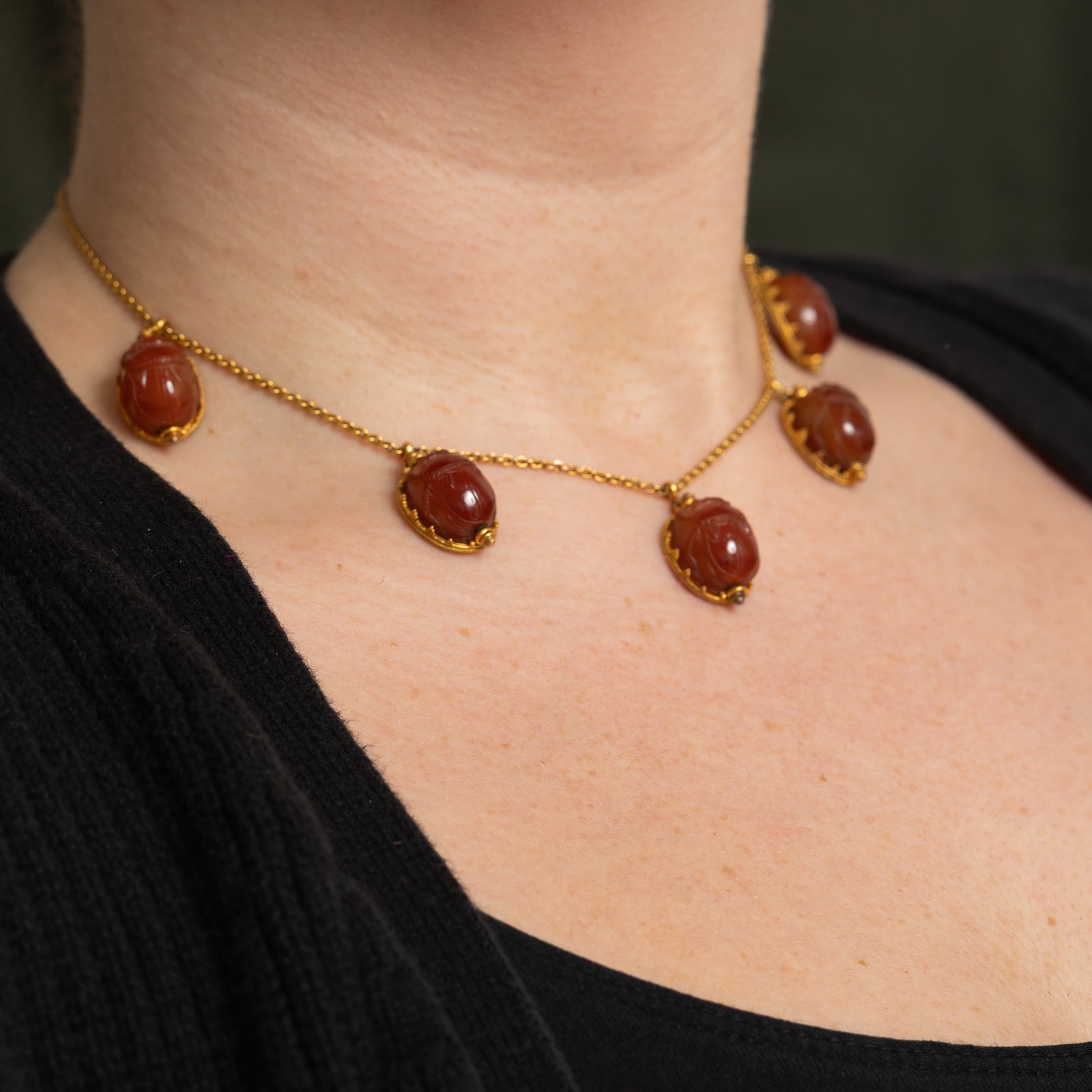 'Harvey & Gore Goldsmiths' Carnelian Agate Beetle Necklace | 62.50ctw | 15"