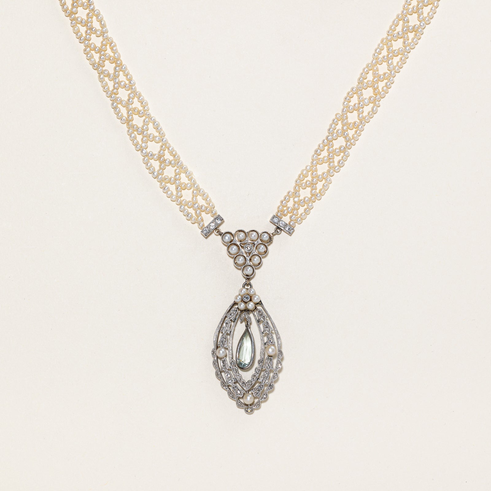 Vintage Aquamarine, Diamond & Pearl Strand Necklace | 1.60ctw, 0.06ctw | 31"