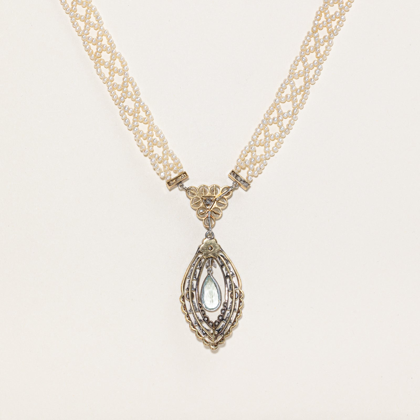 Vintage Aquamarine, Diamond & Pearl Strand Necklace | 1.60ctw, 0.06ctw | 31"