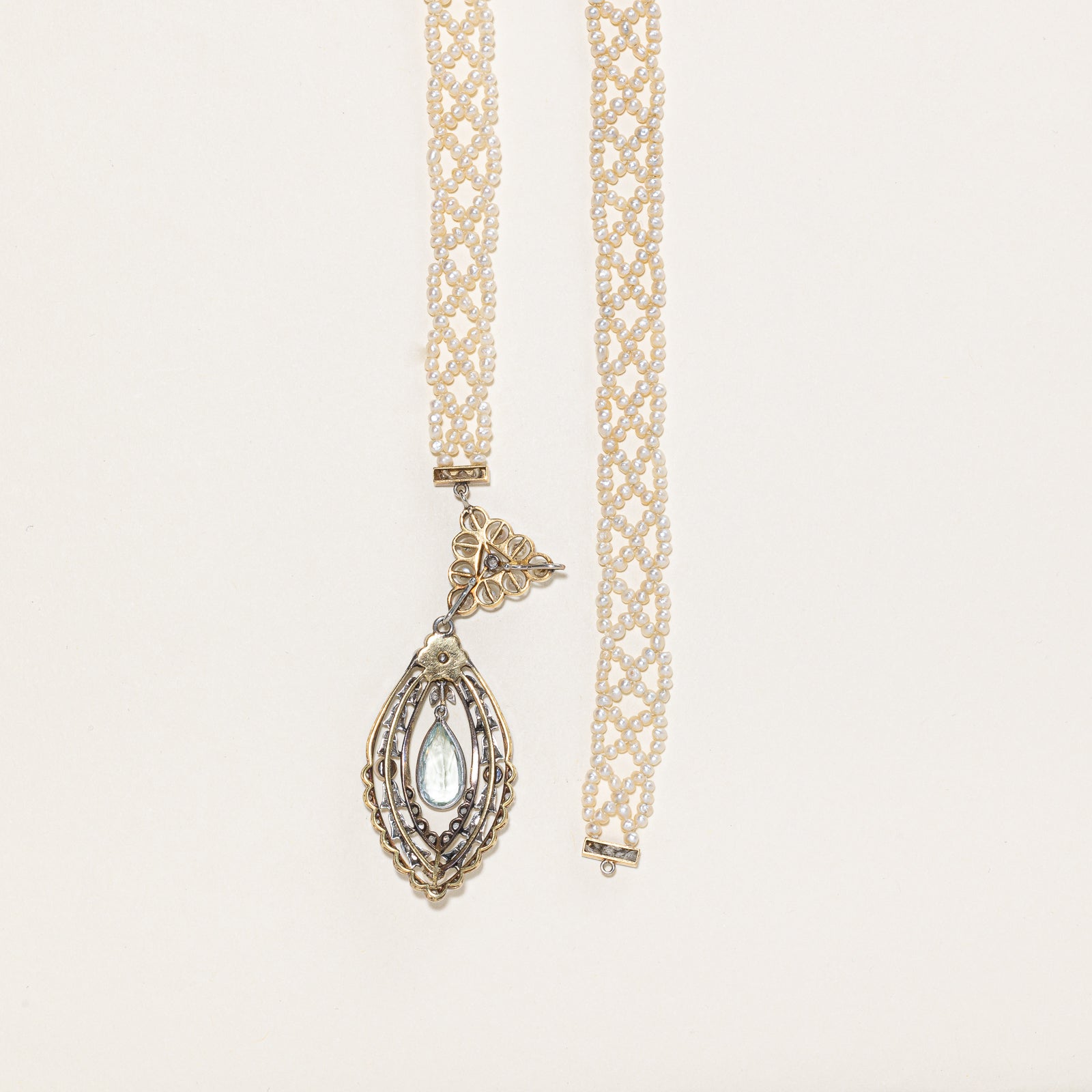 Vintage Aquamarine, Diamond & Pearl Strand Necklace | 1.60ctw, 0.06ctw | 31"
